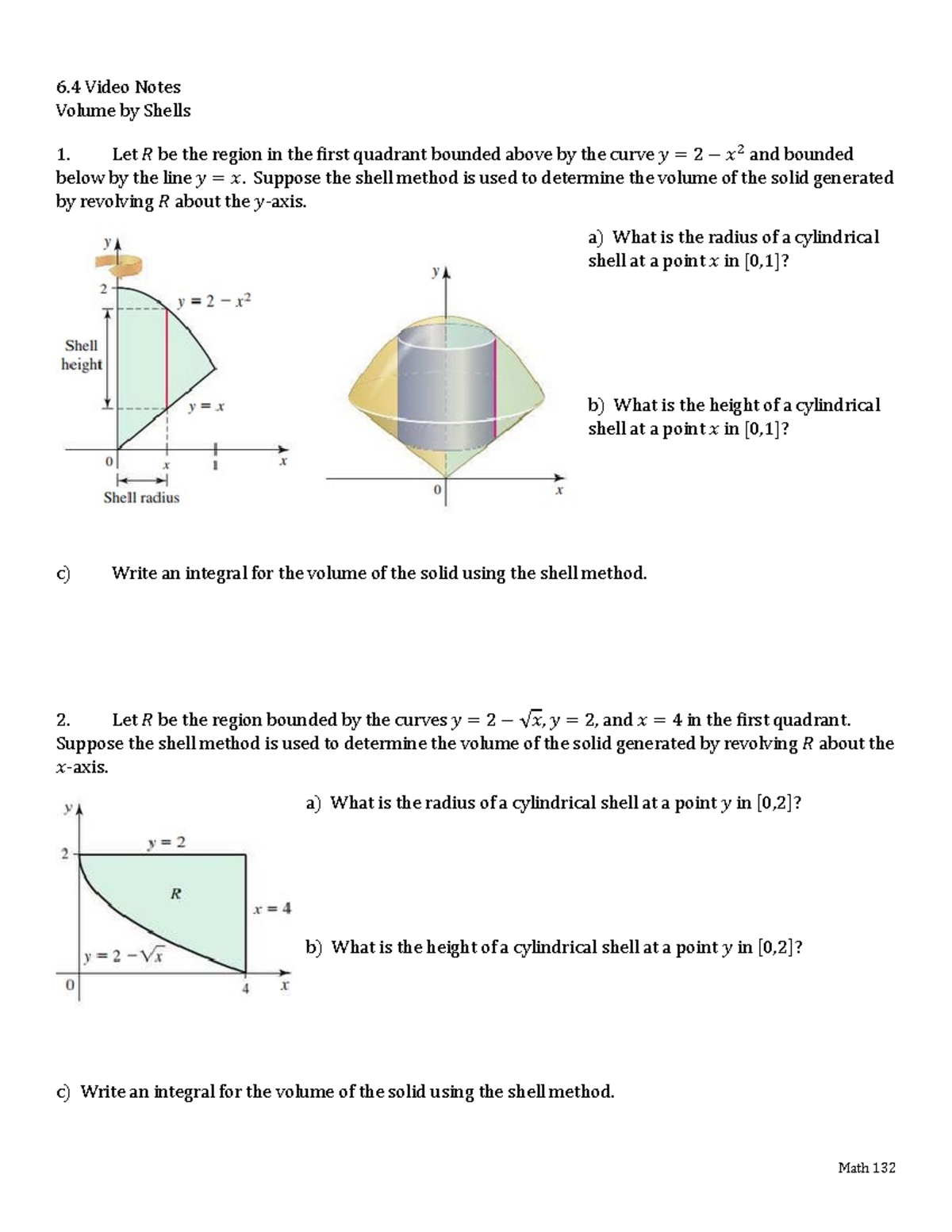 Math 132: 6.4 Video Notes on Volume by Shells - Studocu