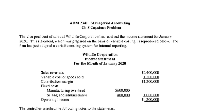 ADM 2341 Managerial Accounting Ch 8 Capstone Problem Solutions - Studocu