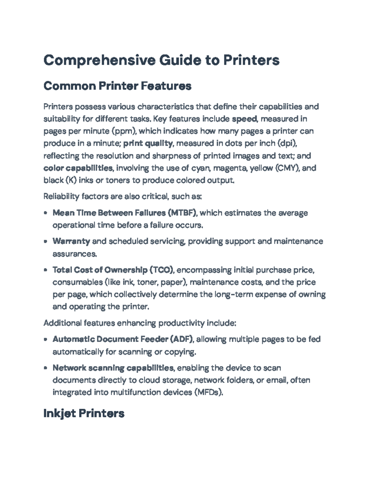 Comprehensive Guide to Printer Types and Features (Course Code ...