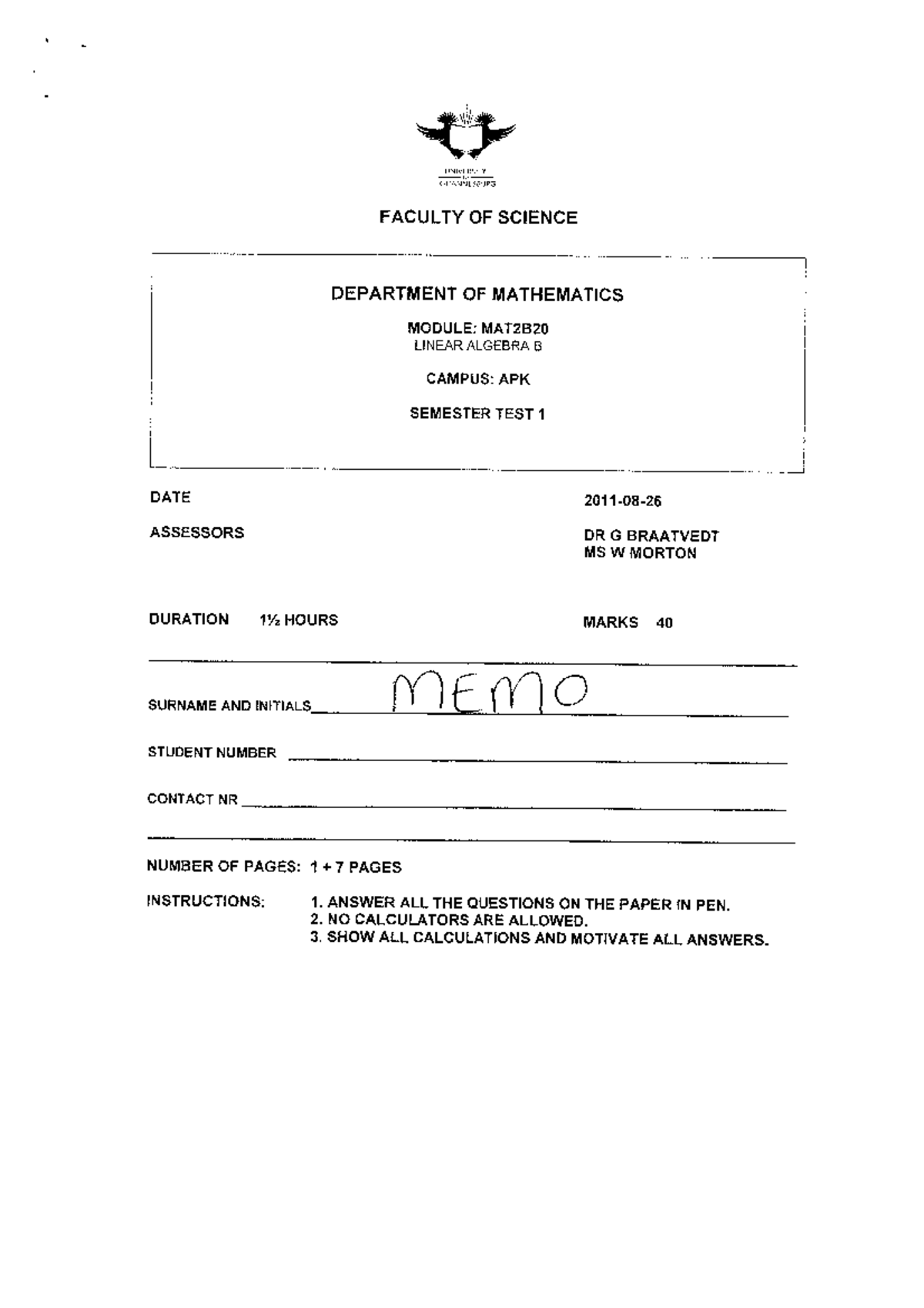 Semester Test 1 Memo - Detailed Analysis and Solutions - Studocu