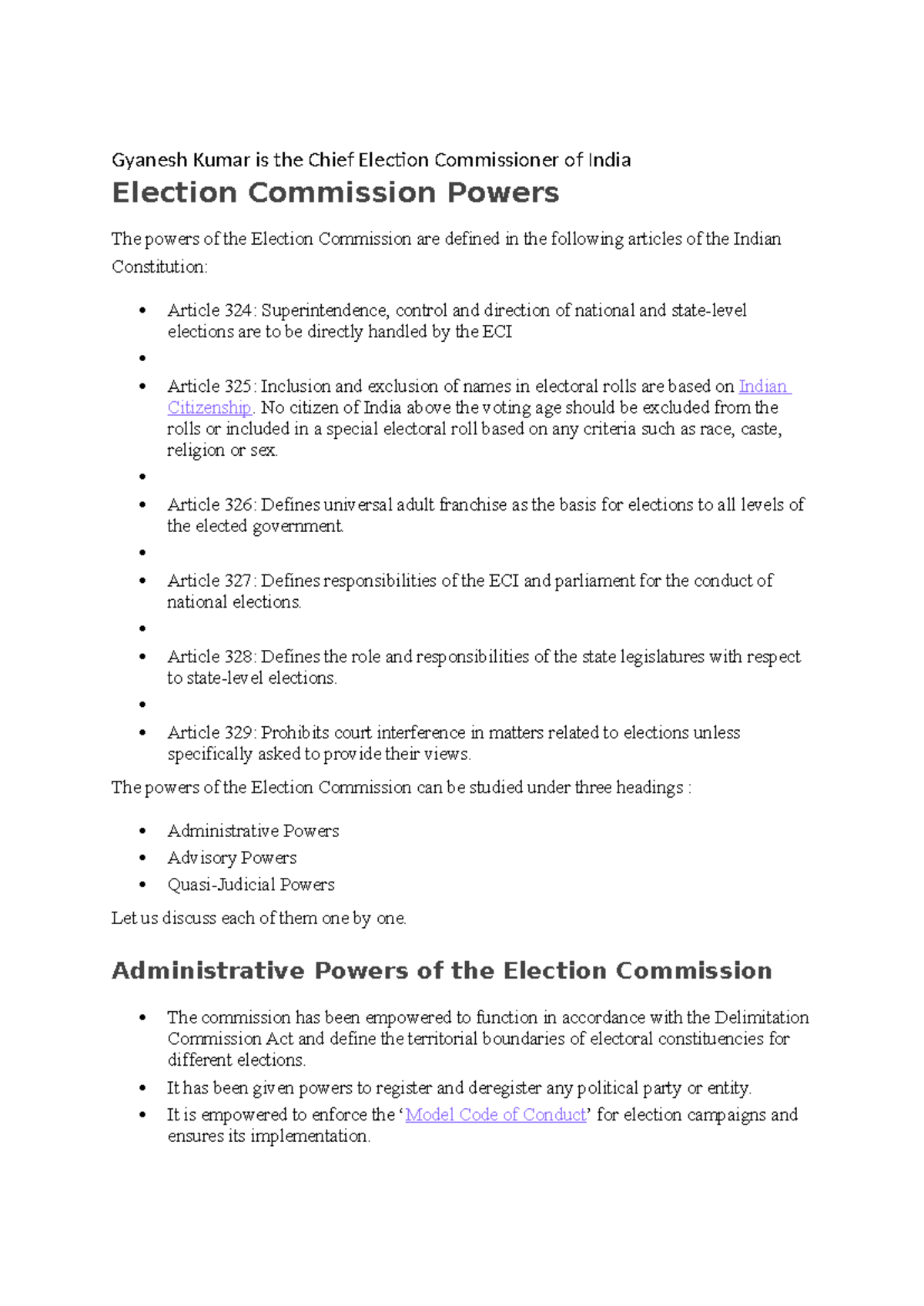 Election Commission of India: Powers and Responsibilities Overview ...