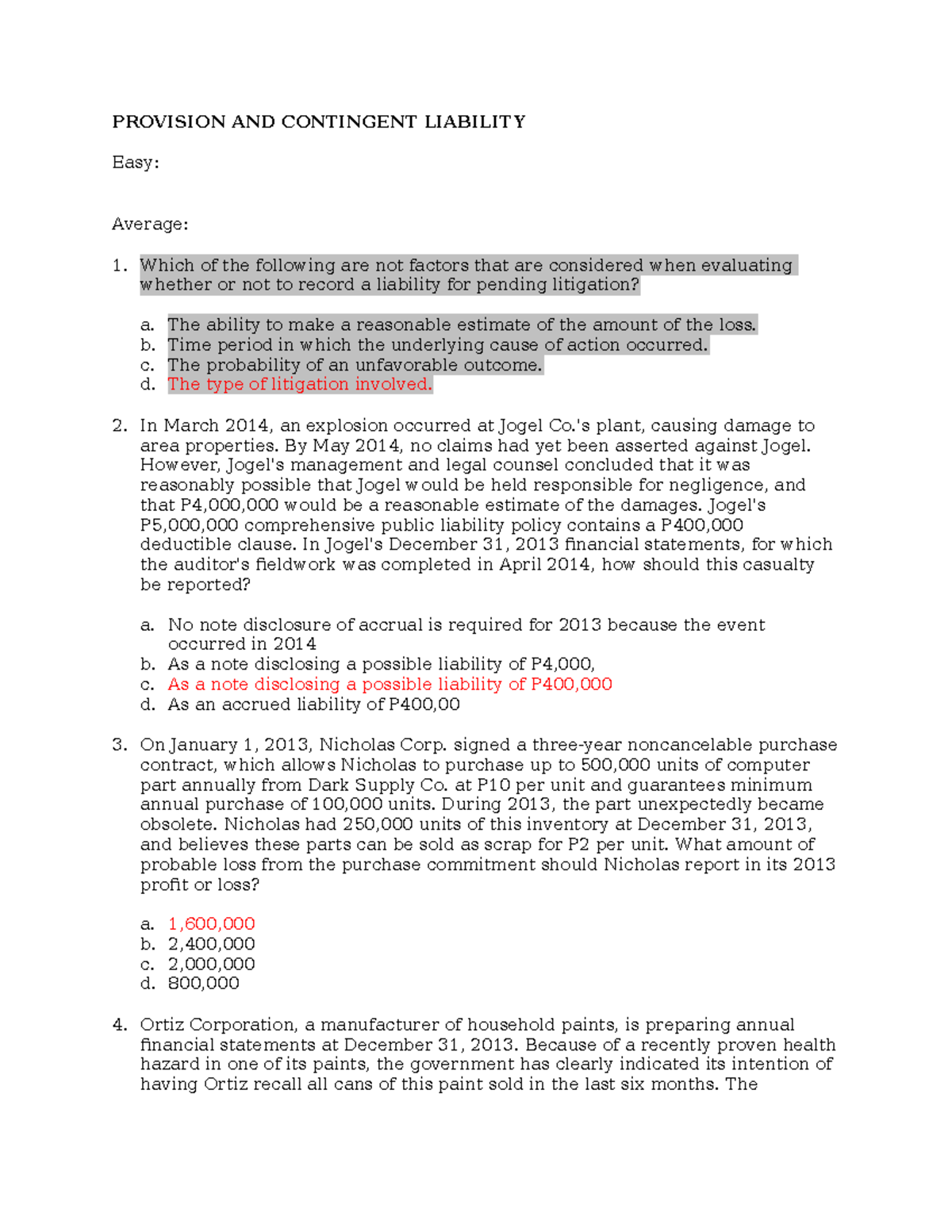 Provision and Contingent Liability Analysis for Financial Statements ...