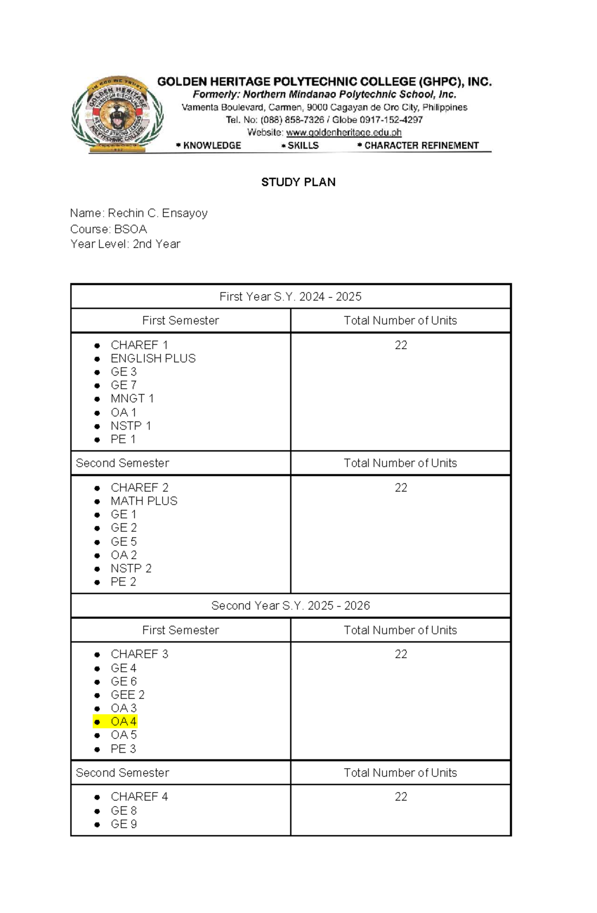 Study Plan for BSOA 2 - Ensayoy, Rechin C. (S.Y. 2024-2029) - Studocu