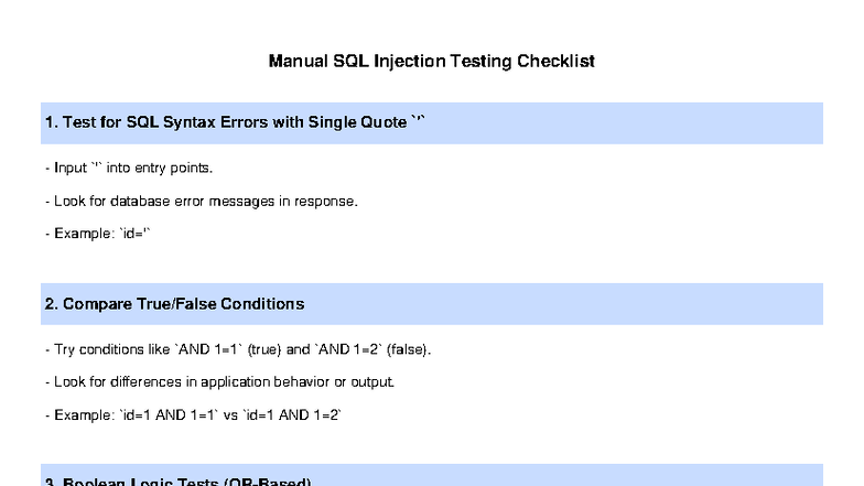 SQLi Manual Testing Checklist: Key Techniques and Observations - Studocu