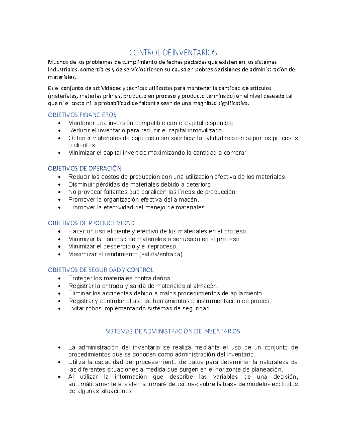CONTROL DE INVENTARIOS: Estrategias y Objetivos Clave - Studocu