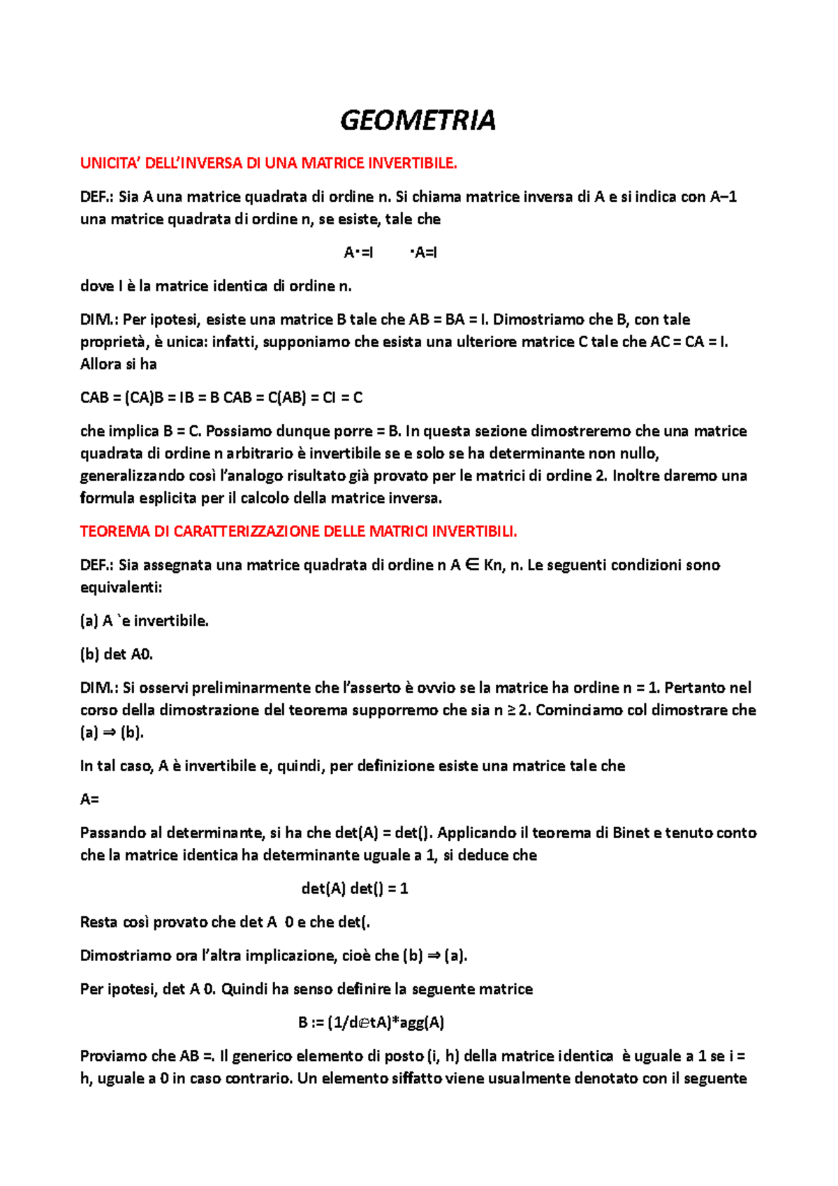 Dimostrazioni di Geometria e Matrici Invertibili - Corso di Matematica ...
