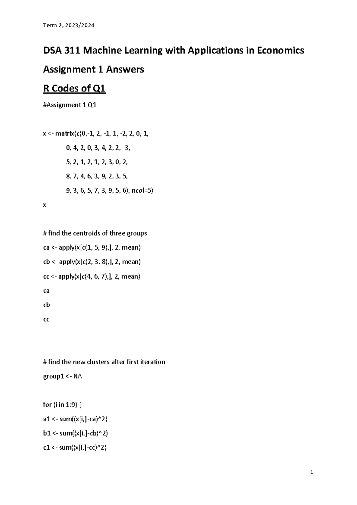 Assignment 1 revised answer - DSA 311 Machine Learning with ...