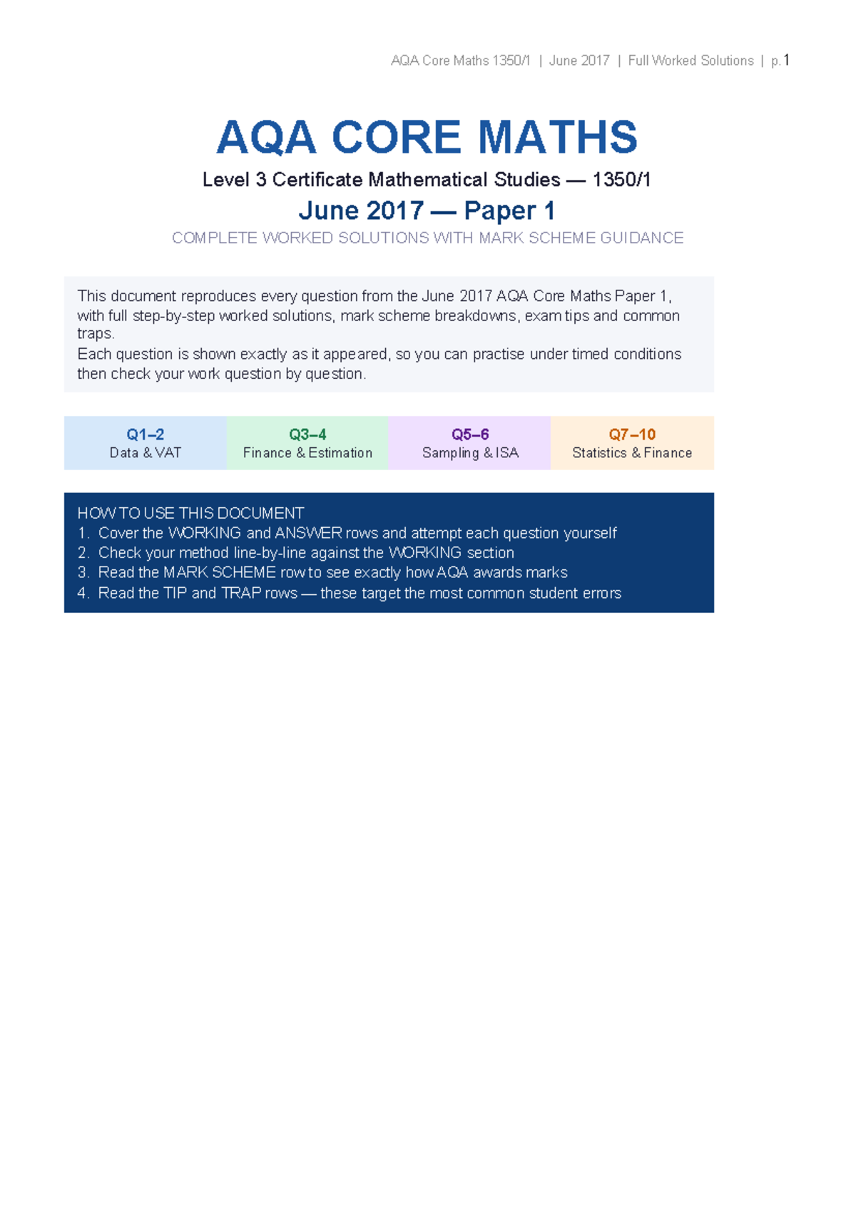 AQA CORE MATHS Level 3 Certificate June 2017 Full Worked Solutions ...