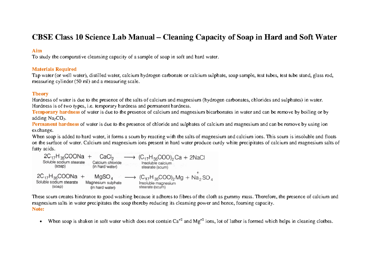 CBSE Class 10 Science Lab Manual: Soap Cleaning in Hard vs Soft Water ...
