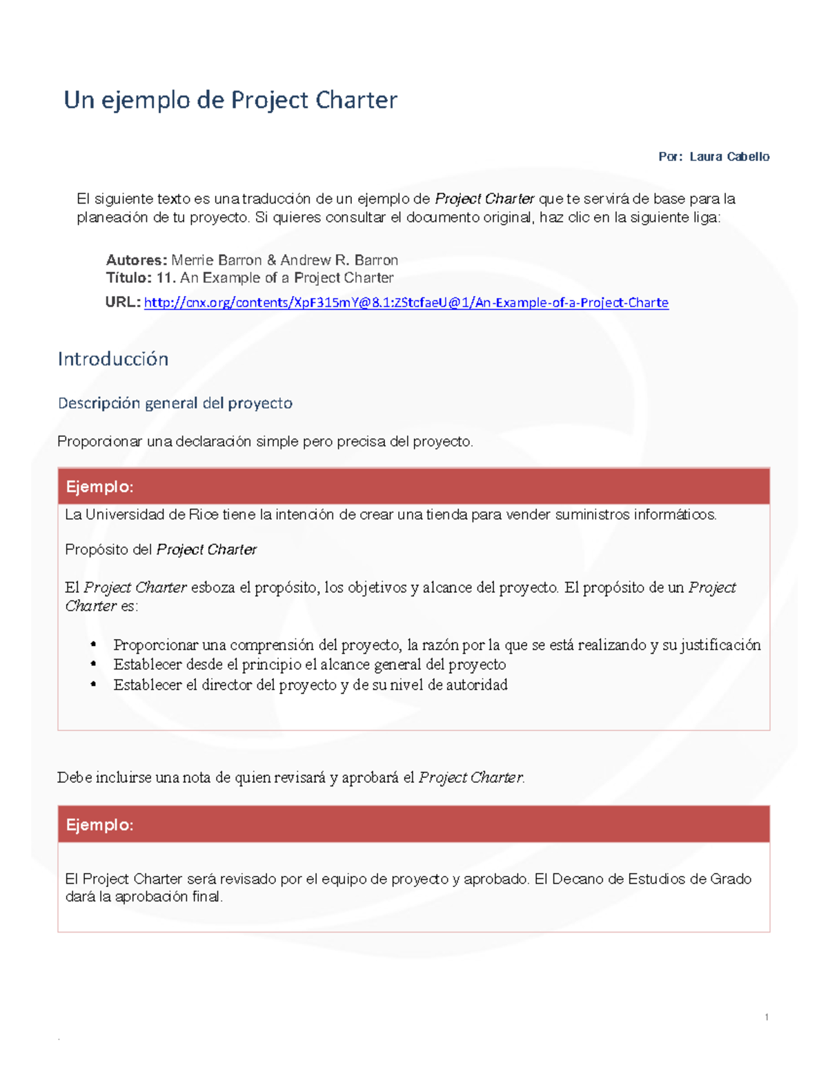 ICP U1AA1 L2 Un ejemplo de Project Charter - 1 Un ejemplo de Project ...
