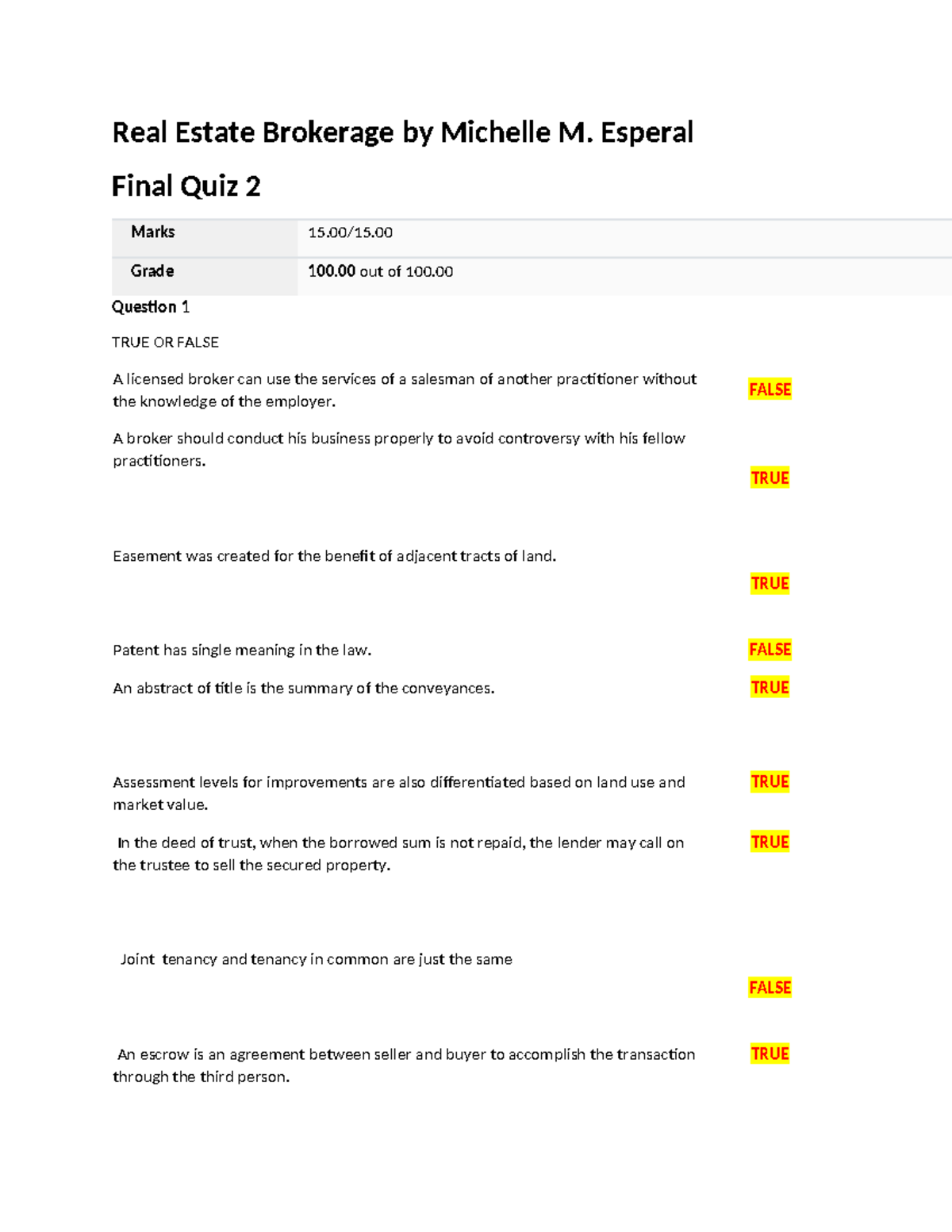 Real Estate Brokerage Final Quiz 2: Answers and Explanations - Studocu