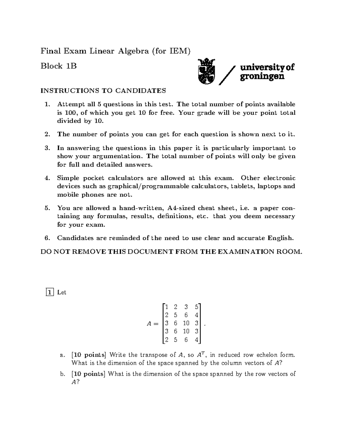 Final Exam: Linear Algebra (IEM) Block 1B Instructions 2023-2024 ...