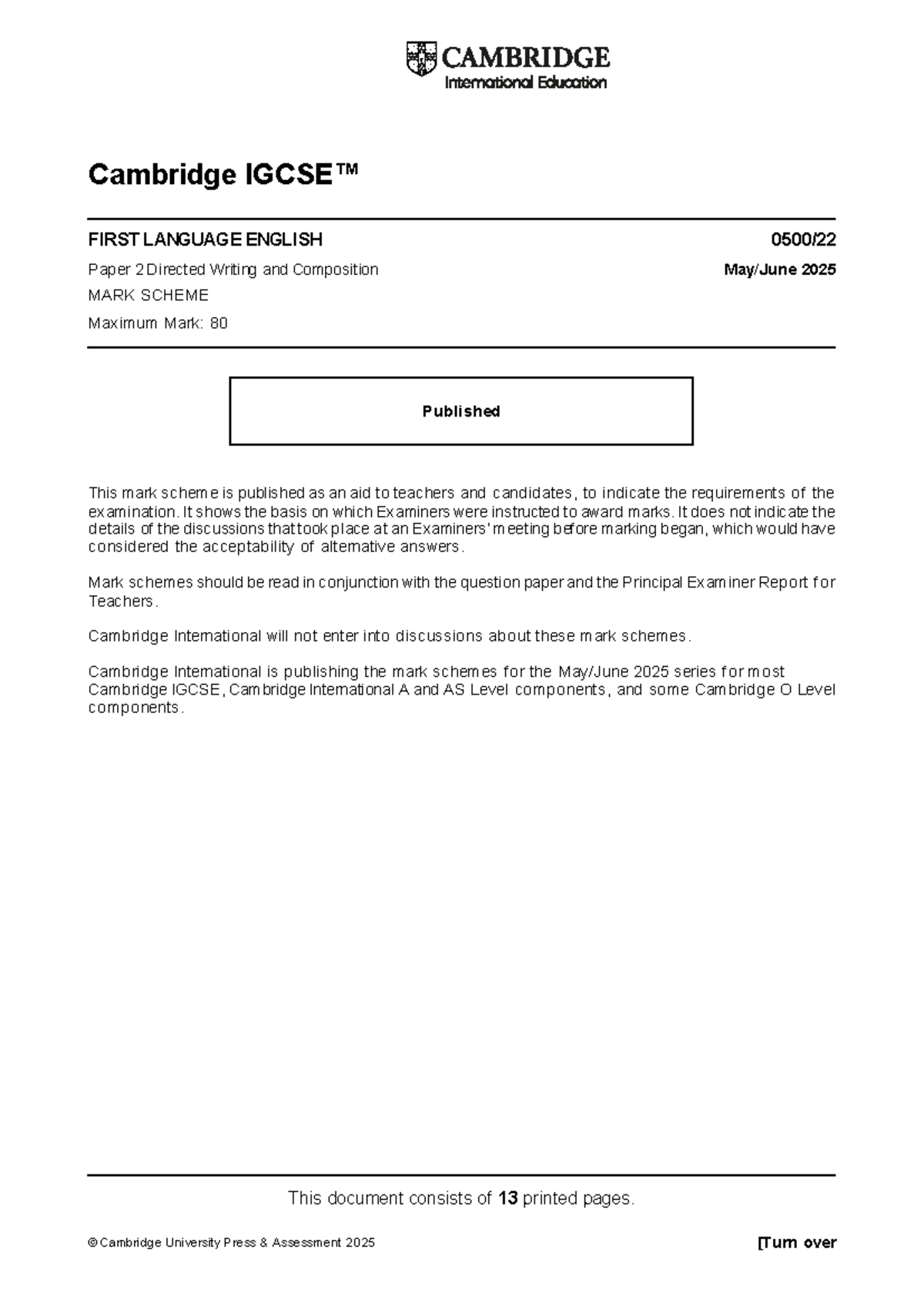 Cambridge IGCSE FIRST LANGUAGE ENGLISH 0500 Paper 2 Mark Scheme 2025 ...