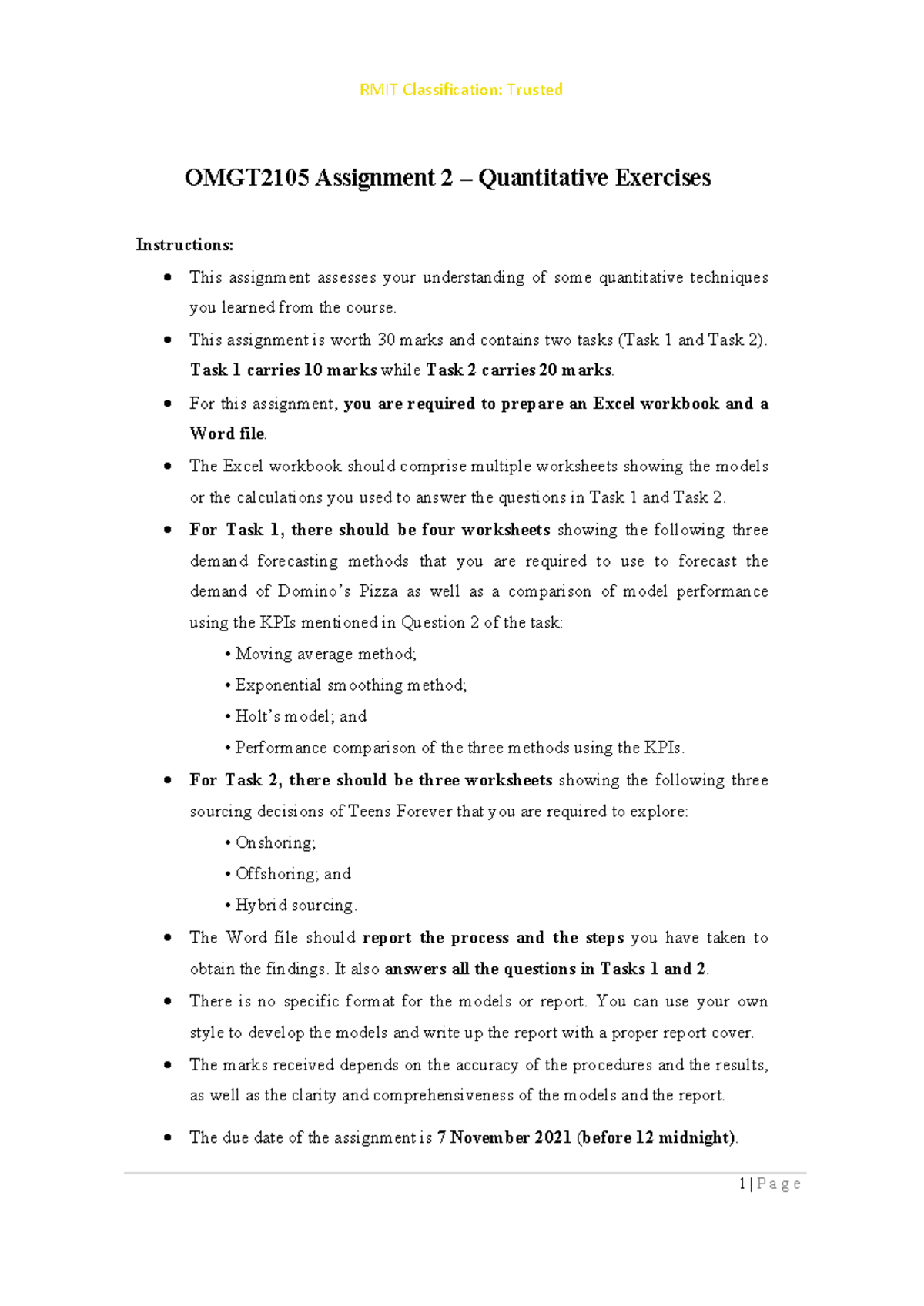 Assignment 2 Quantitative Exercises - OMGT2105 Assignment 2 ñ ...