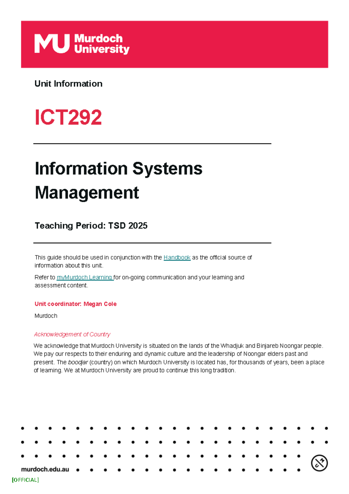 ICT292 Unit Guide: Information Systems Management TSD 2025 - Studocu