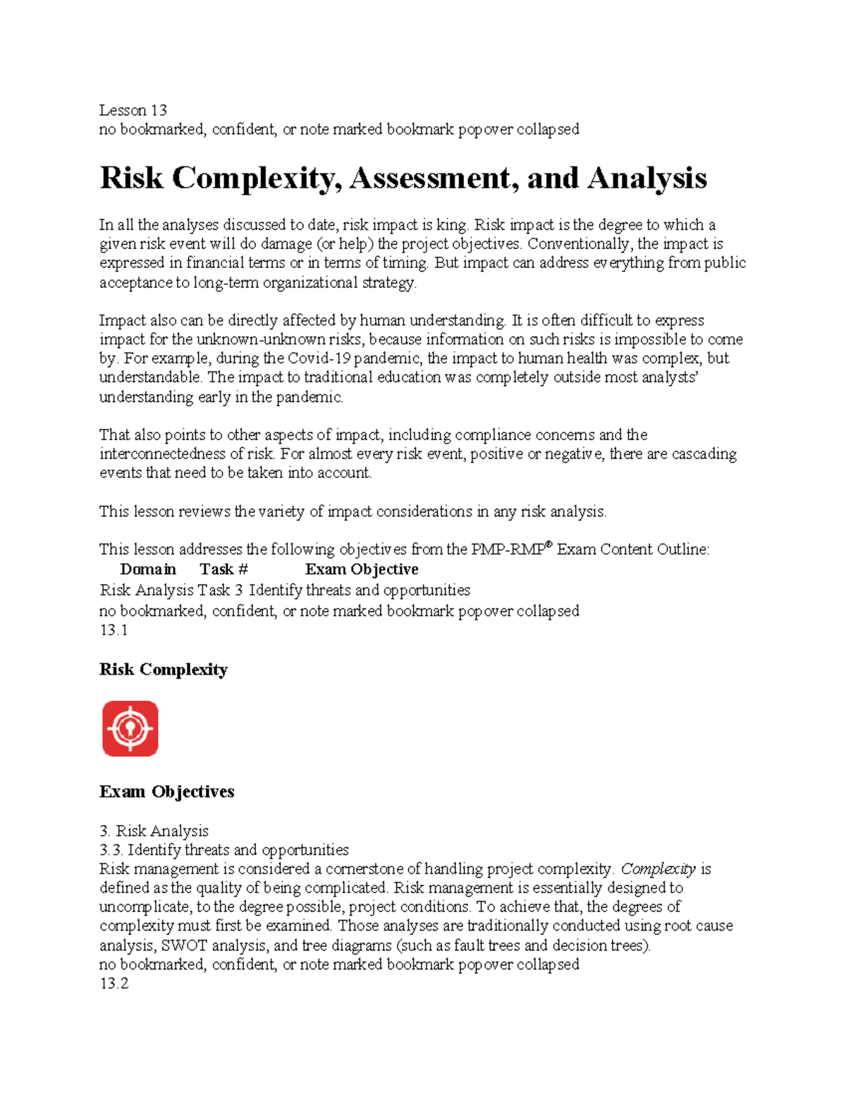 Lesson 13: Risk Complexity, Assessment, and Analysis Overview - Studocu