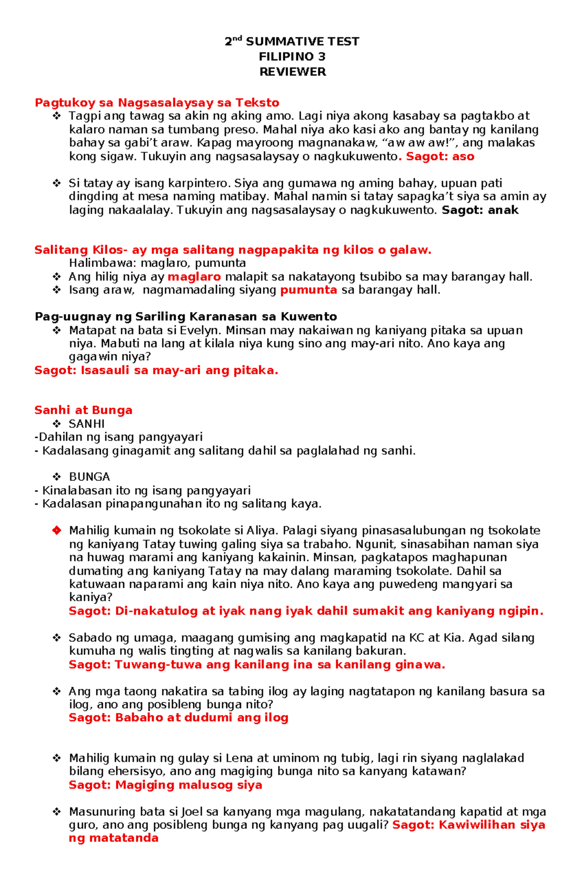 Filipino 3 2nd Summative Test Reviewer: Pagsusuri ng Nagsasalaysay ...