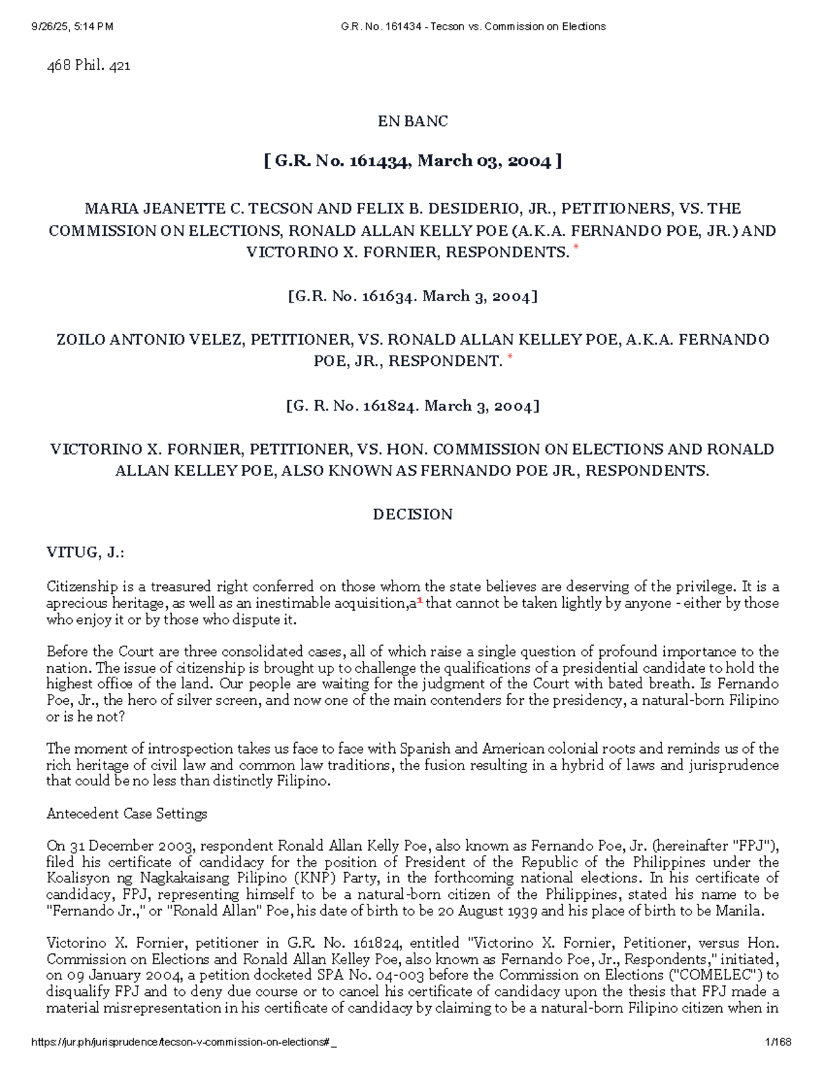 G.R. No. 161434: Tecson vs. Commission on Elections - Citizenship ...