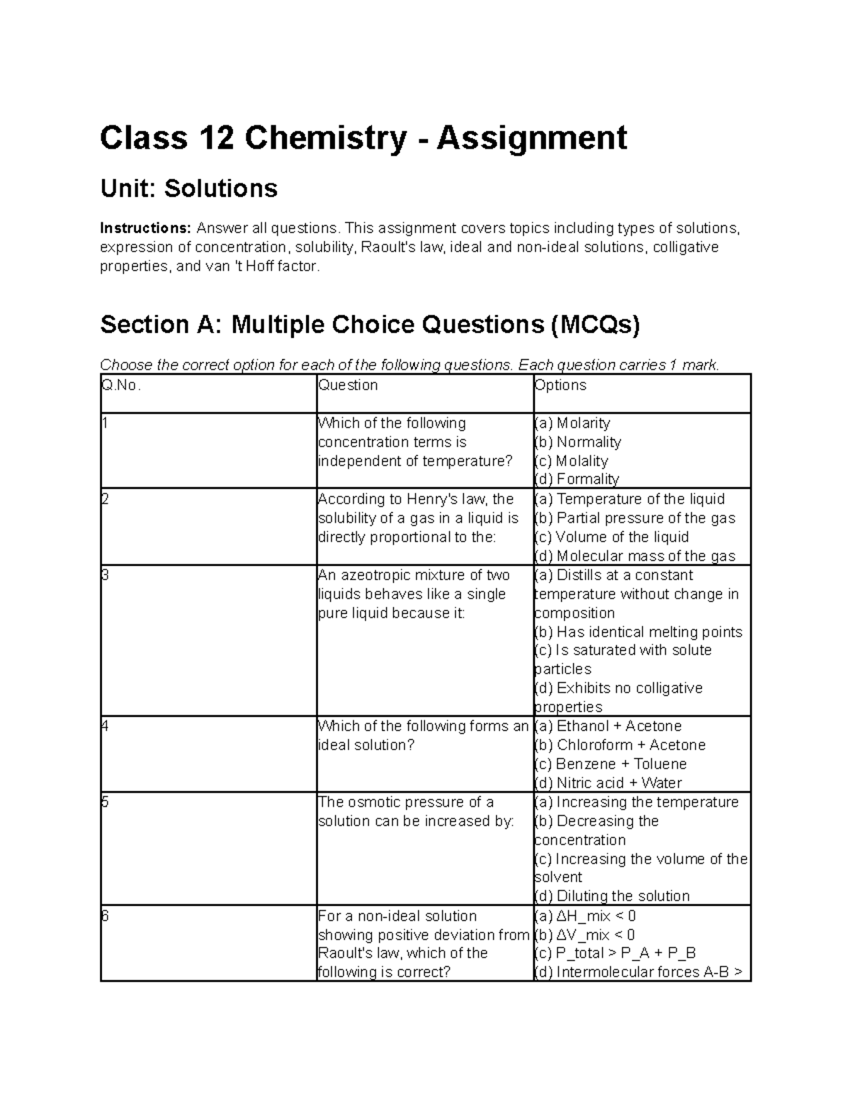 Class 12 Chemistry Assignment: Solutions Overview and MCQs - Studocu