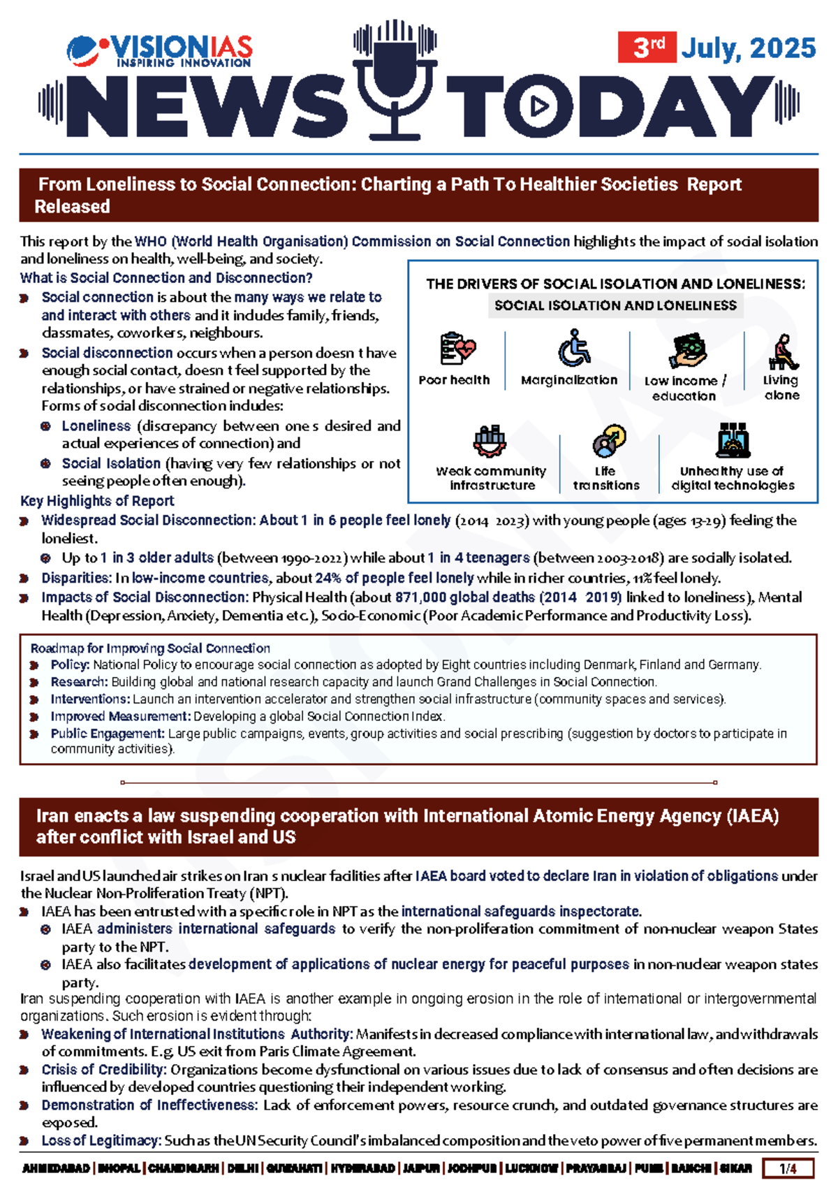 Vision IAS Daily Current Affairs - 3rd July 2025 Report on Loneliness ...