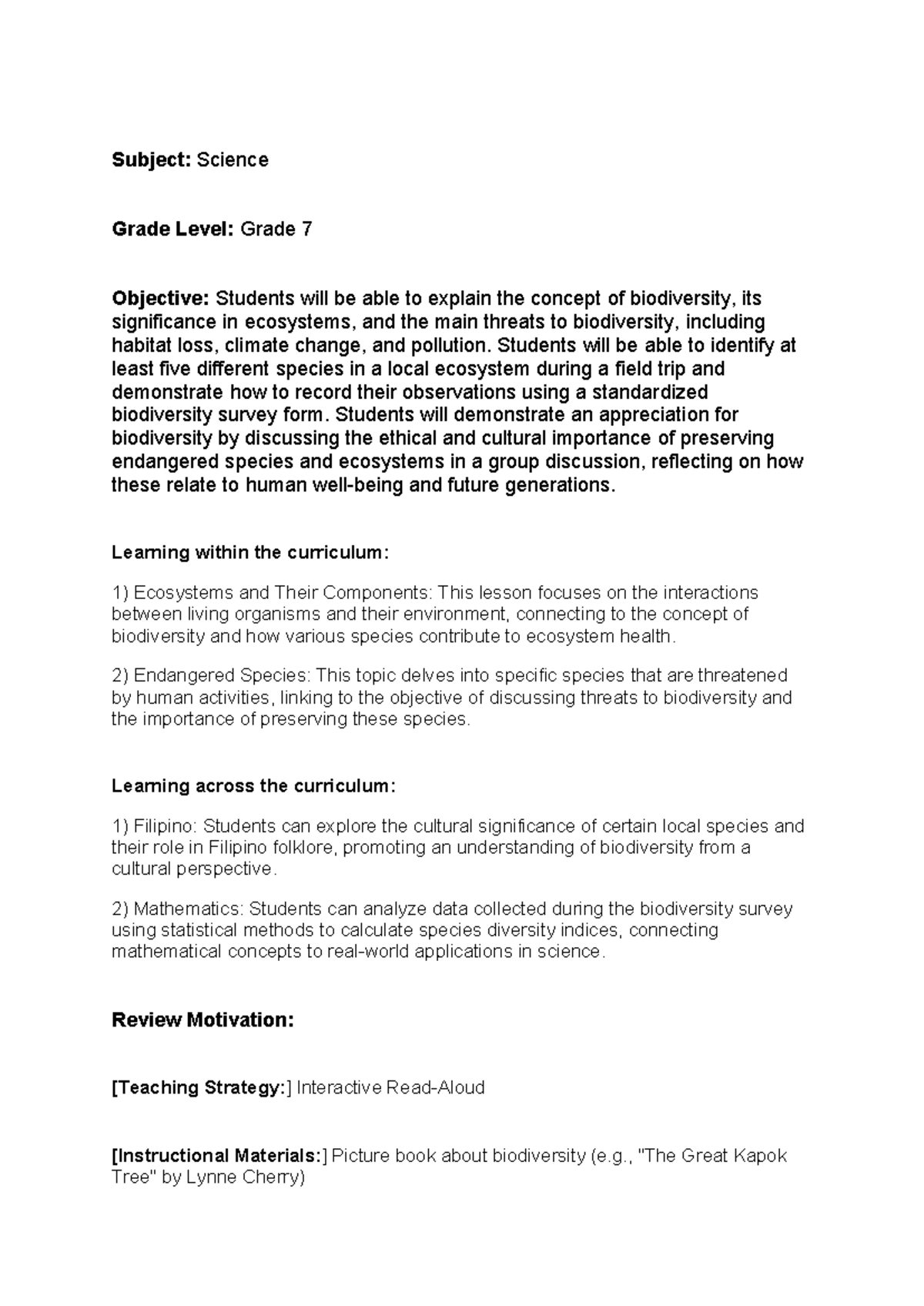 Lesson Plan for Grade 7 Science: Understanding Biodiversity - Studocu