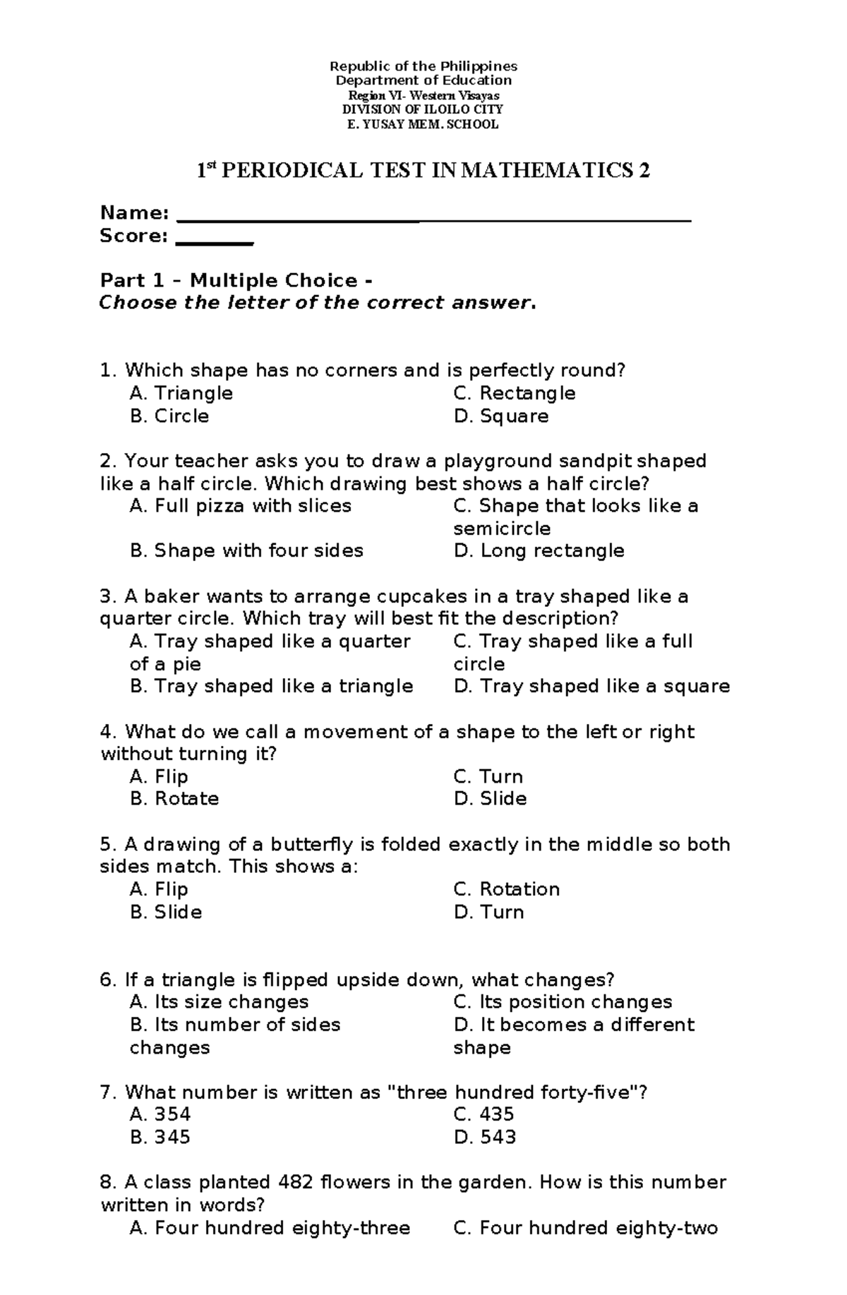 1st Periodical Test in Mathematics 2 - MATH - Studocu