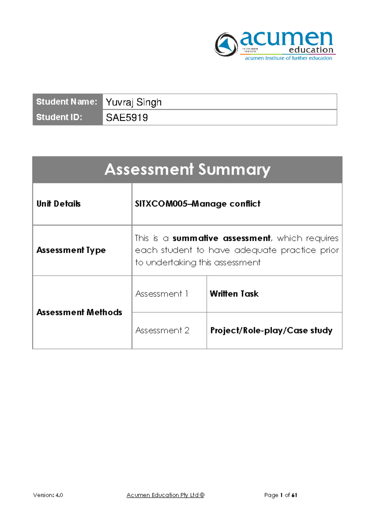 Yuvraj Singh 6 Sitxcom 005 Student Version - Student Name: Student ID ...