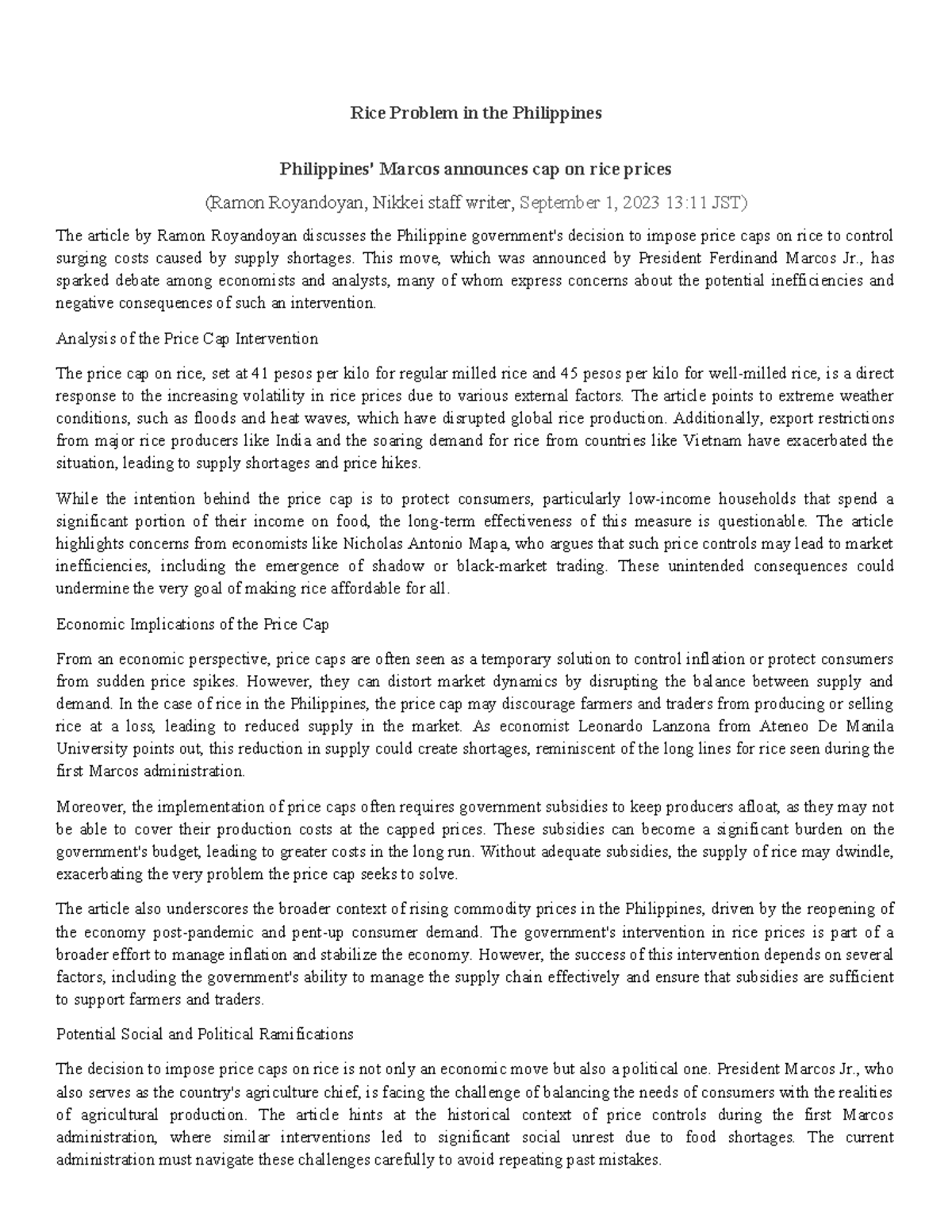 The rice article by Ramon Royandoyan - Rice Problem in the Philippines ...