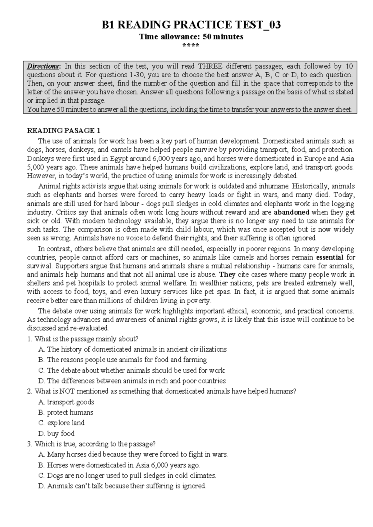 B1 READING PRACTICE TEST 03: Analyzing Animal Use and Traffic Issues ...