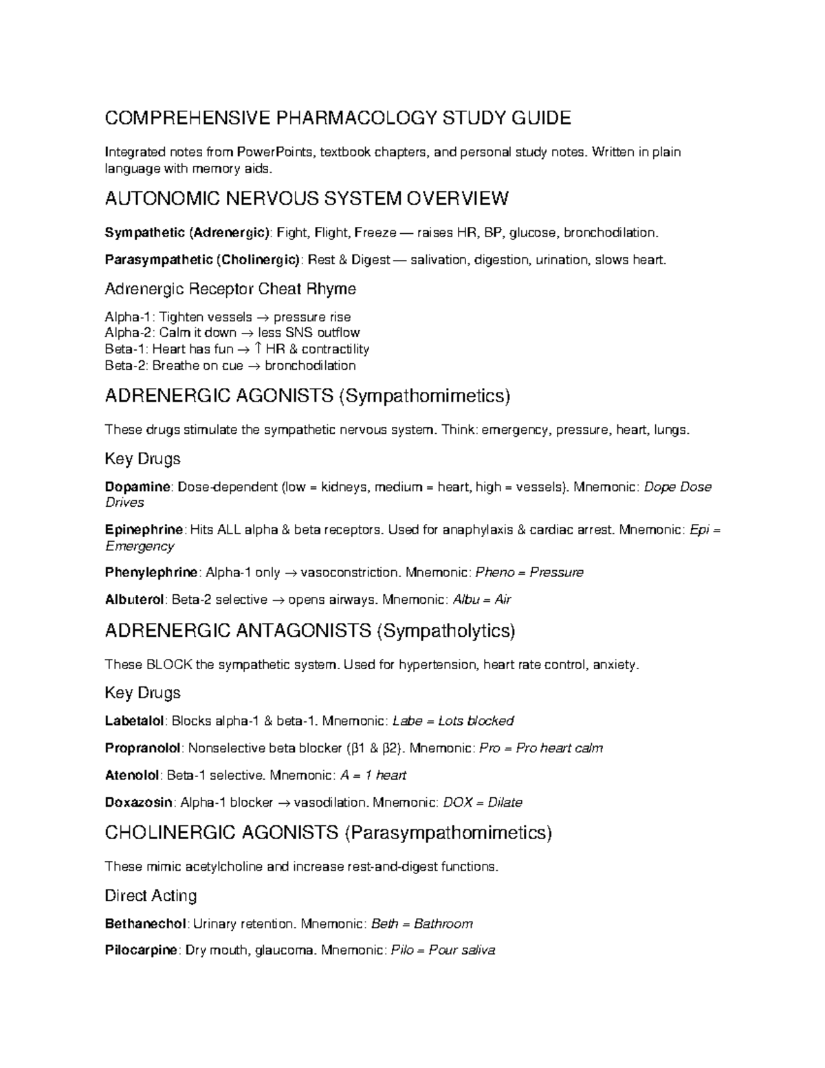PHRM 101: Comprehensive Pharmacology Study Guide with Memory Aids - Studocu