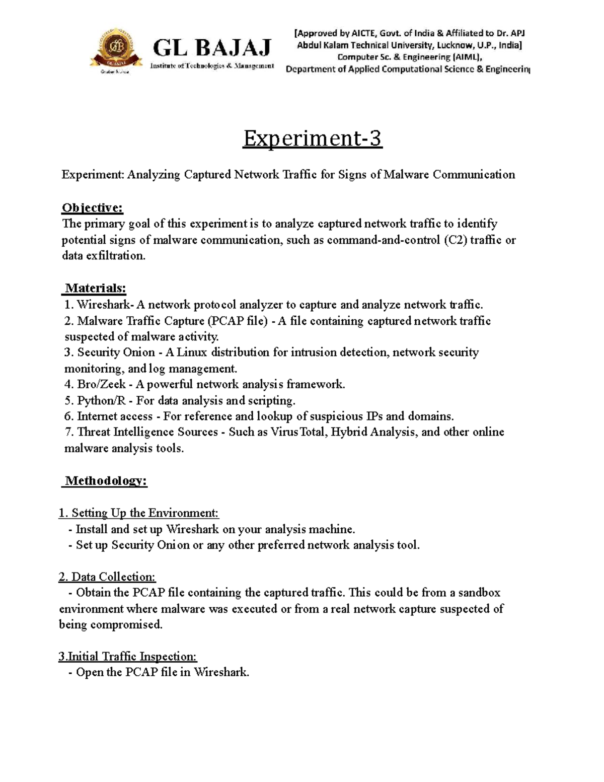 Cyber 3 - Experiment: Analyzing Network Traffic for Malware Detection ...
