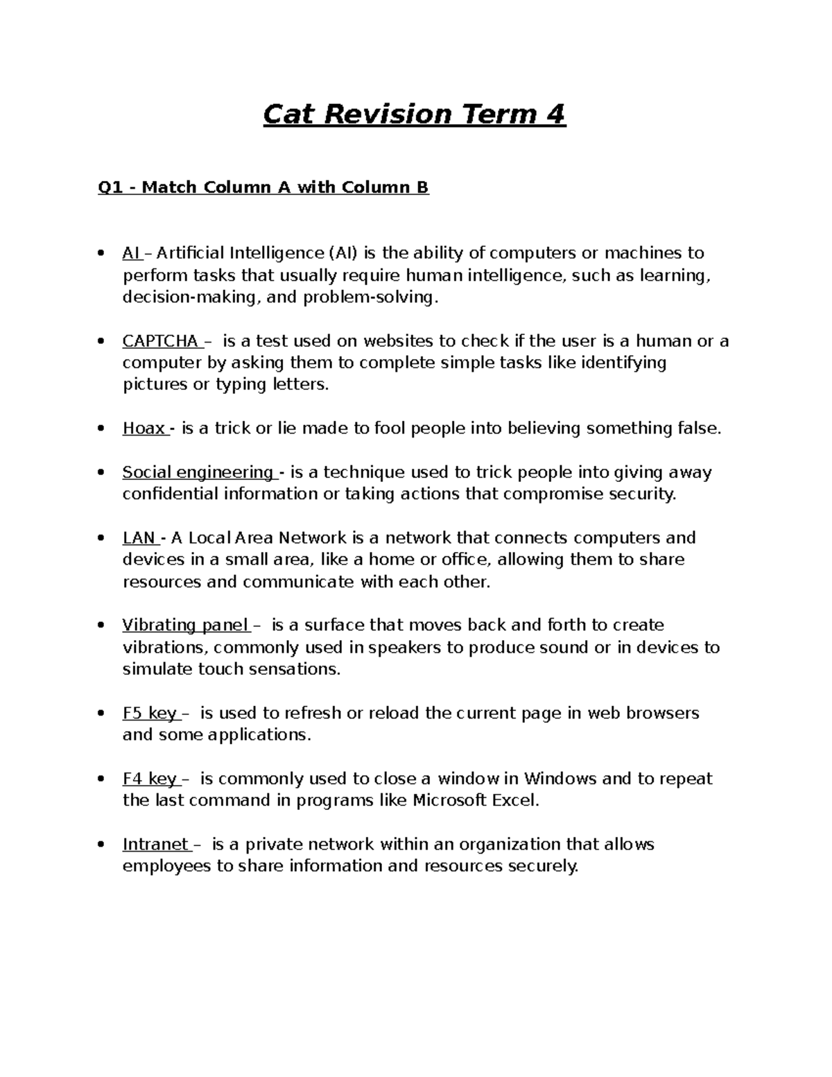 CAT Term 4 Revision: Q1-Q10 Study Guide on AI & Tech Concepts - Studocu