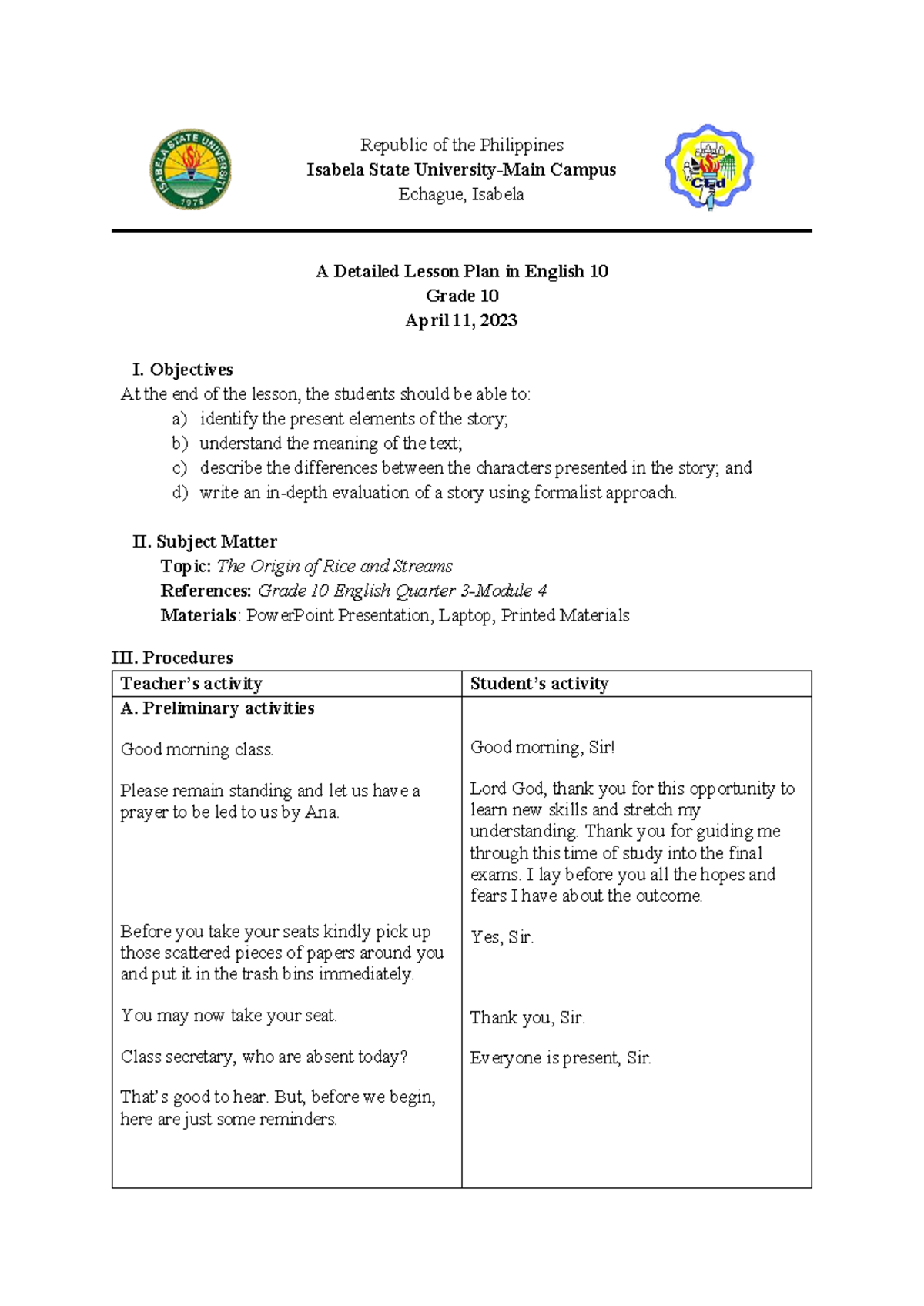 DLP: Detailed Lesson Plan on The Origin of Rice and Streams for English ...