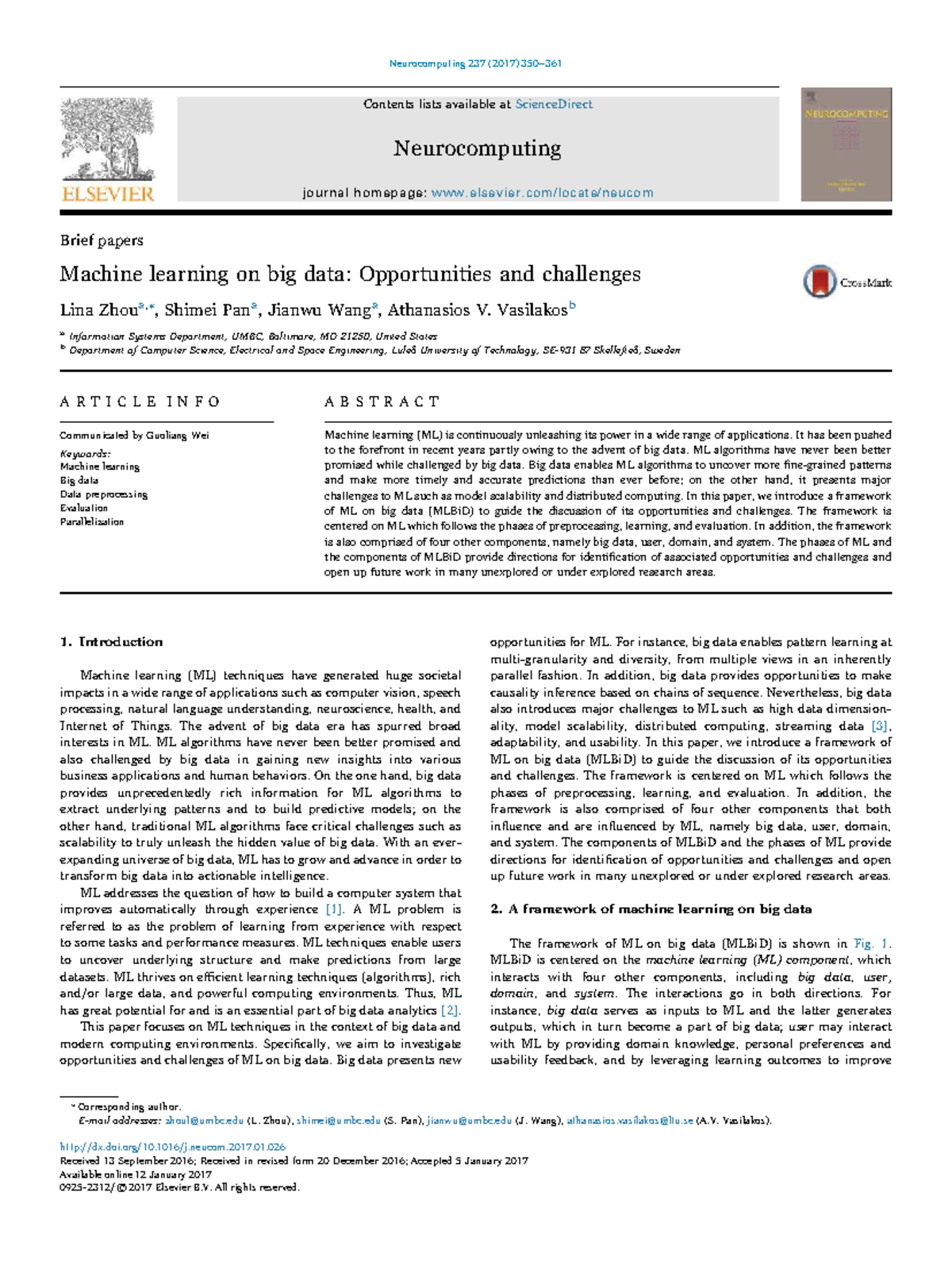 Machine learning on big data Opportunities and challenges - Contents ...