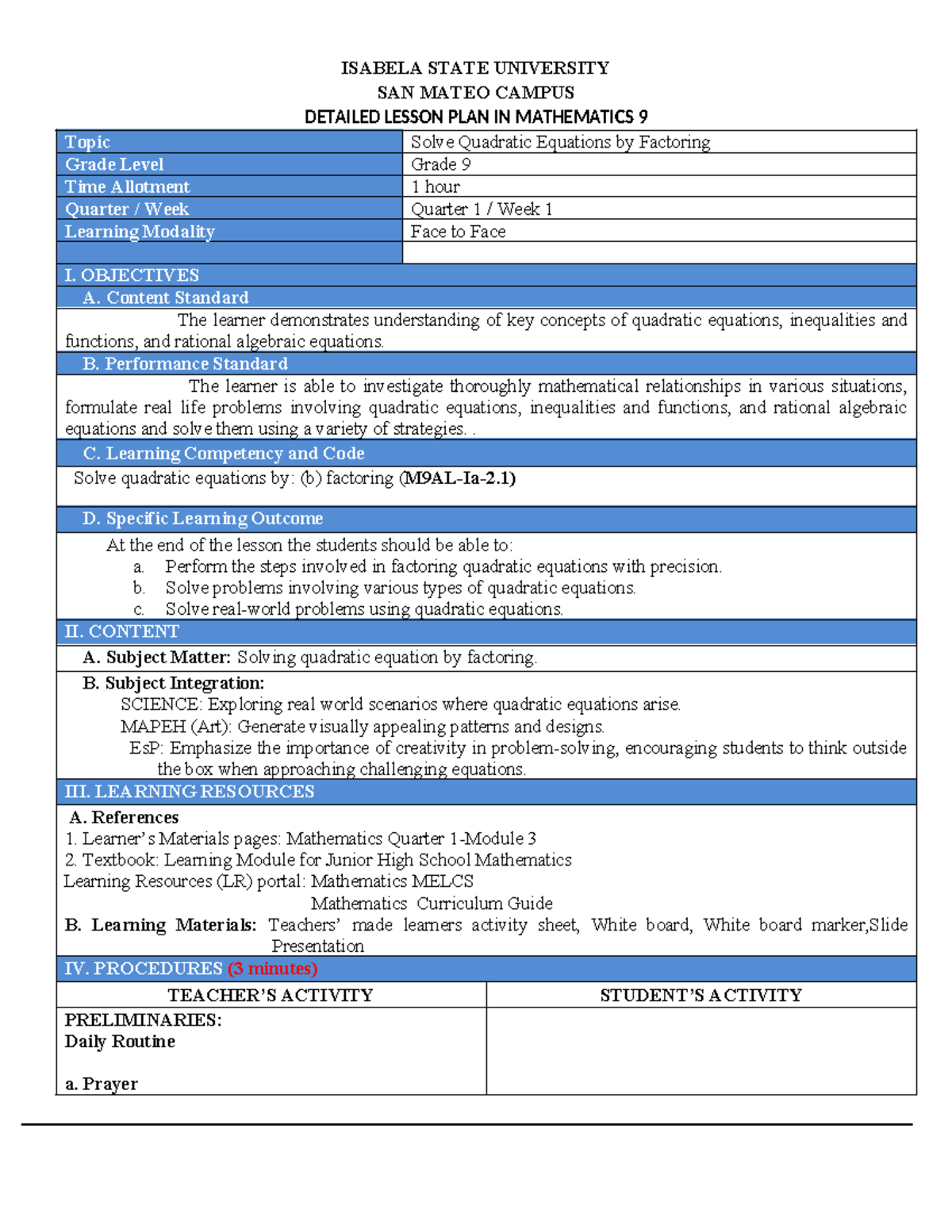 Detailed Lesson Plan in Math 9: Solving Quadratic Equations by ...
