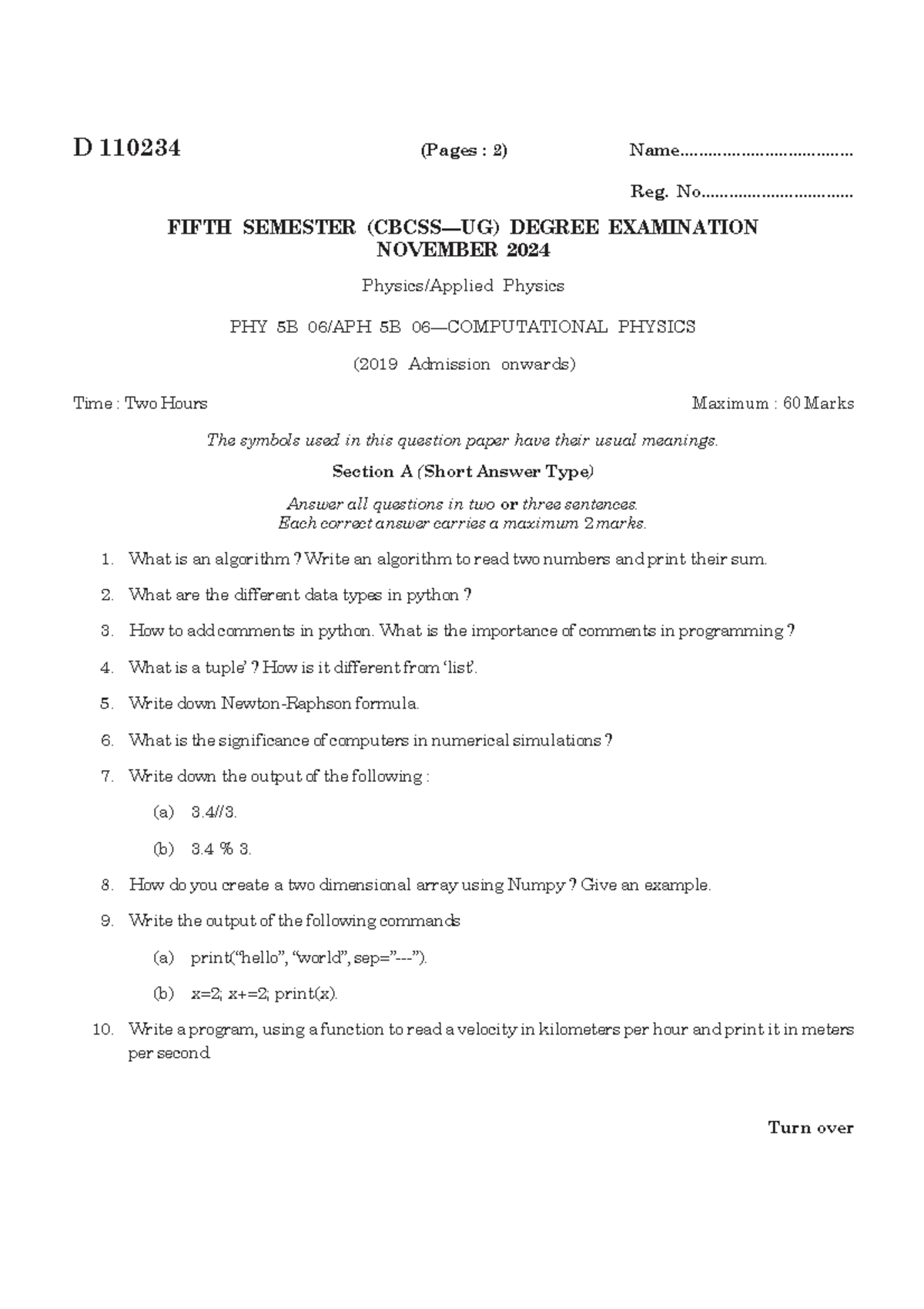 PHY 5B Fifth Semester Exam Nov 2024 - Physics Question Paper - Studocu