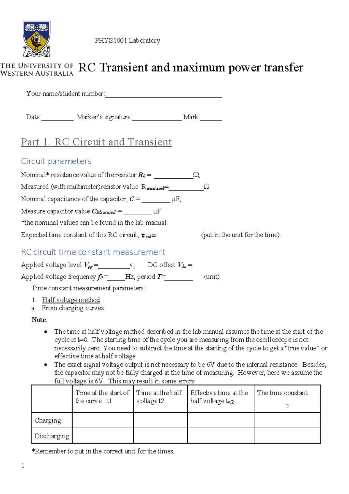 PHYS1001 RC Circuit Lab Worksheet: Transient Analysis & Power Transfer ...