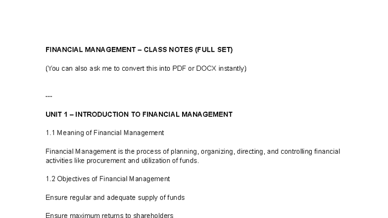 FIN 101: Comprehensive Financial Management Class Notes - Studocu