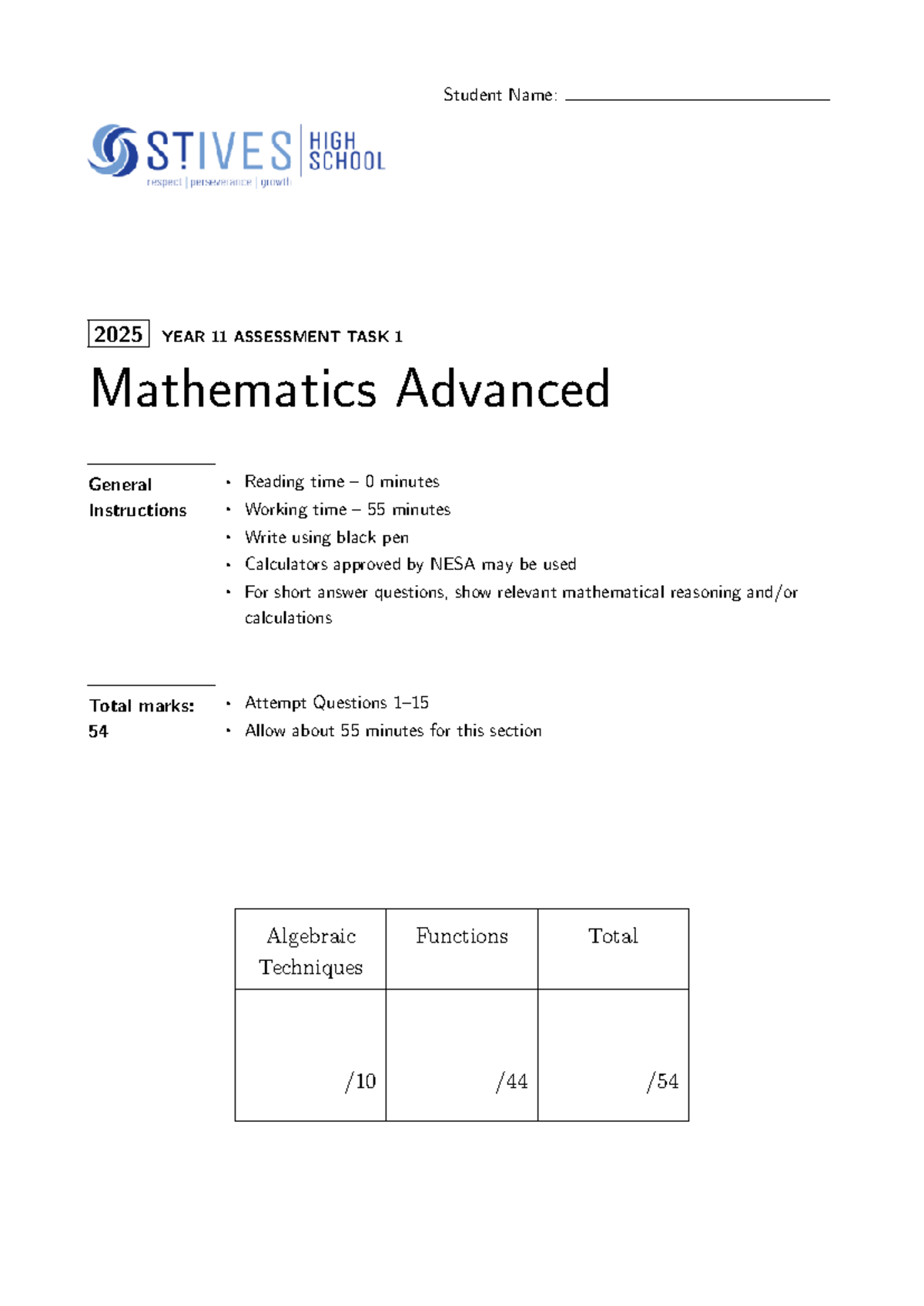 Year 11 Mathematics Advanced Assessment Task 1 Solutions 2024 - Studocu