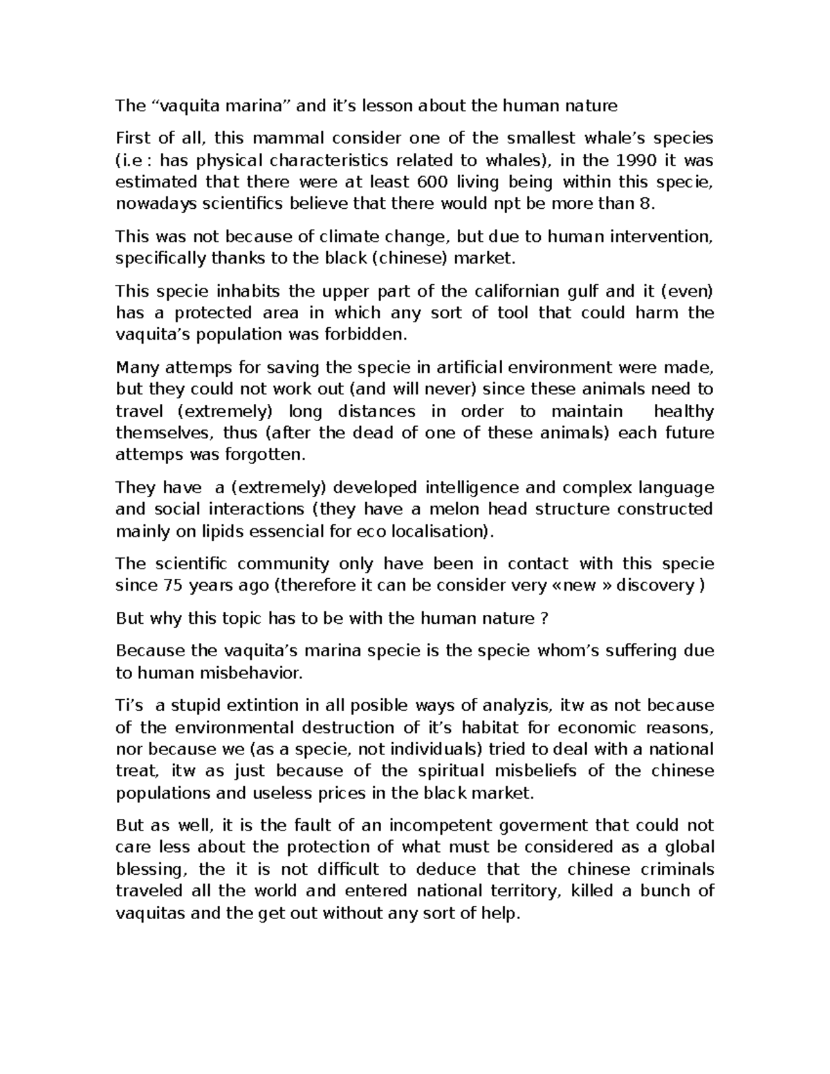 Writing English IX - Lesson on Human Impact on Vaquita Extinction - Studocu