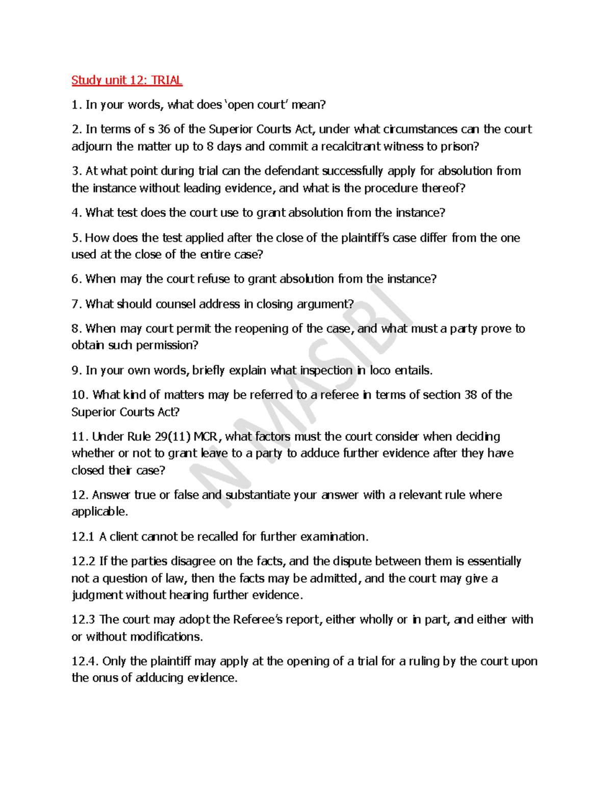 IURI 376: Trial 1 Study Unit 12 Questions and Answers - Studocu