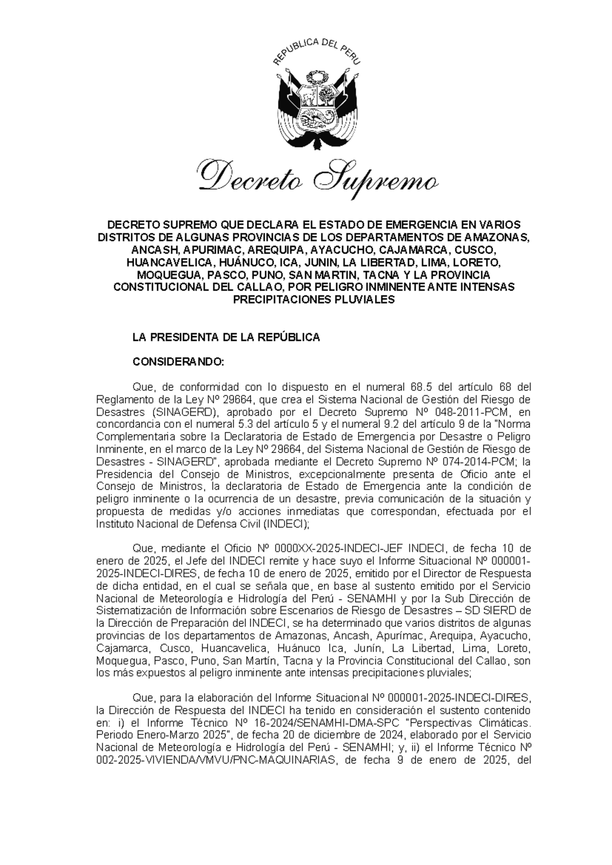 PDS - Estado de Emergencia por Peligro Inminente en 20 Dptos. - Studocu