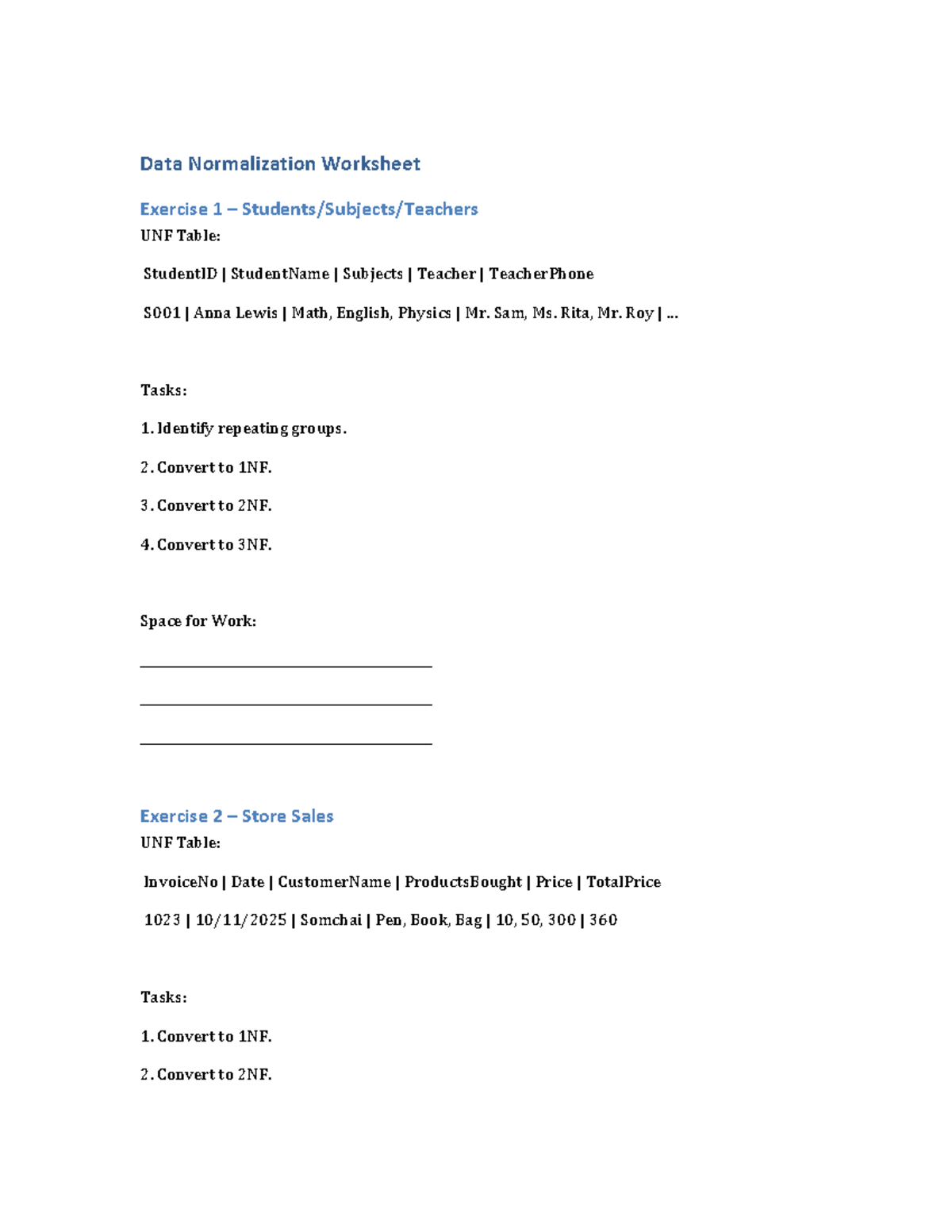 Data Normalization Worksheet Exercises for Database Design - Studocu