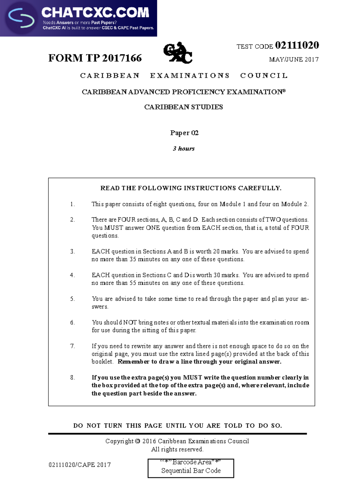 CAPE Caribbean Studies Paper 02 examination guidelines 2017 - Studocu