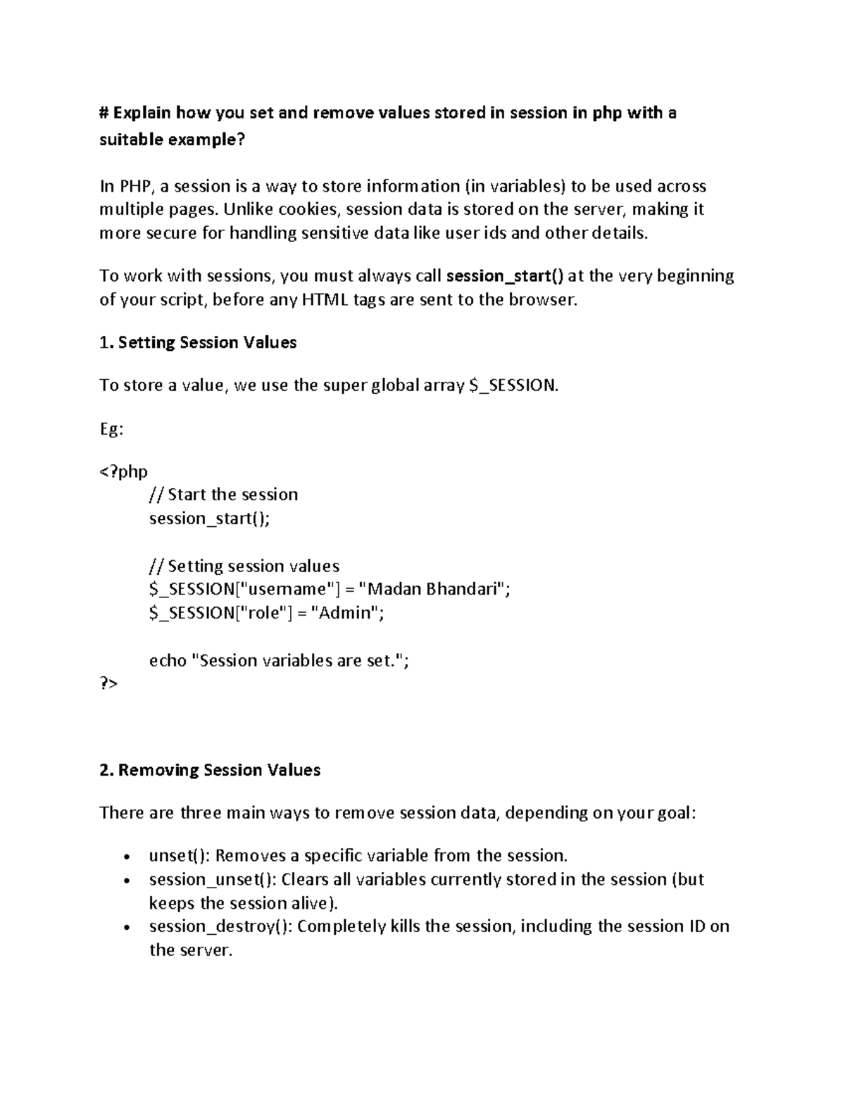 PHP Session Management: Setting & Removing Values Explained - Studocu