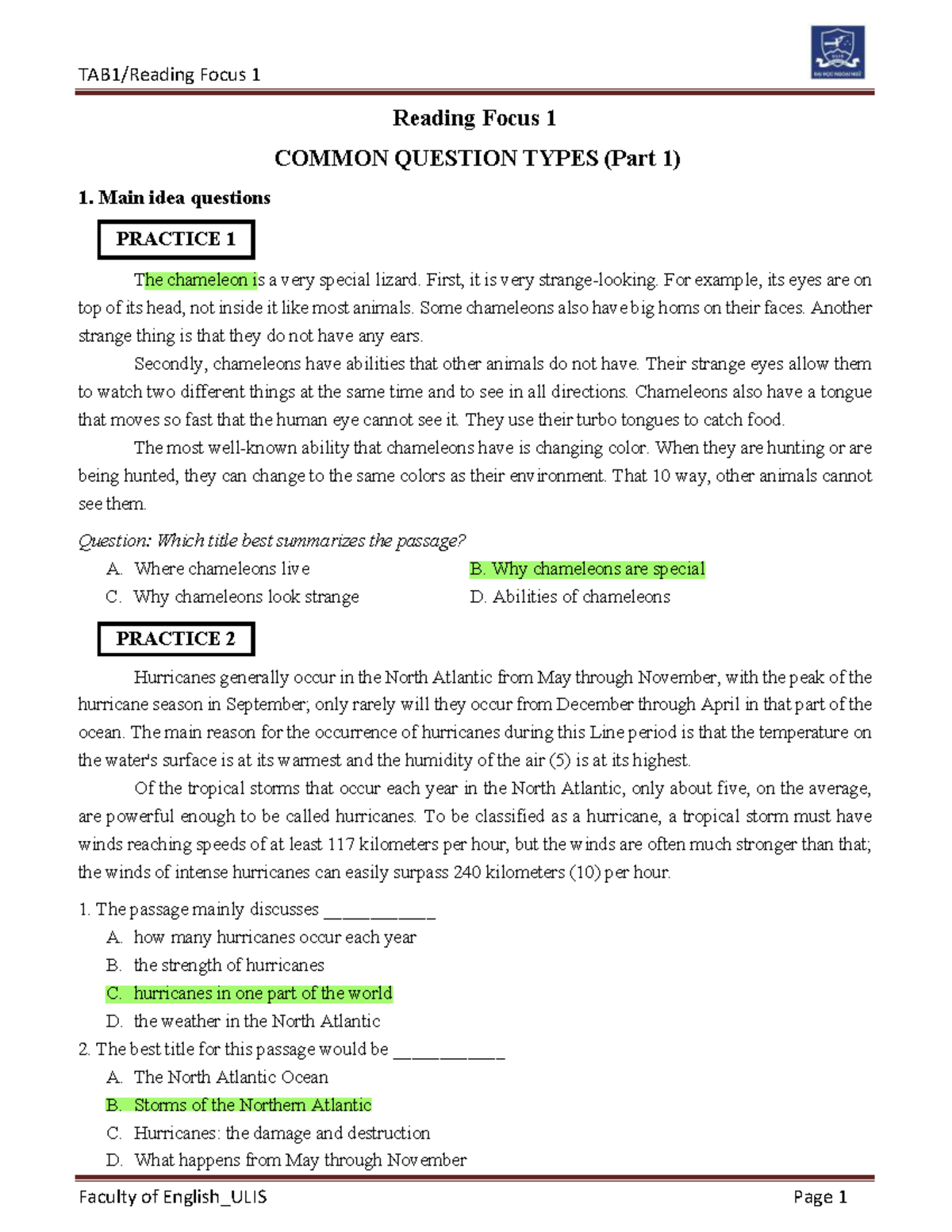 Zoom 2 - TAB1 Reading Focus 1: Common Question Types & Practice - Studocu