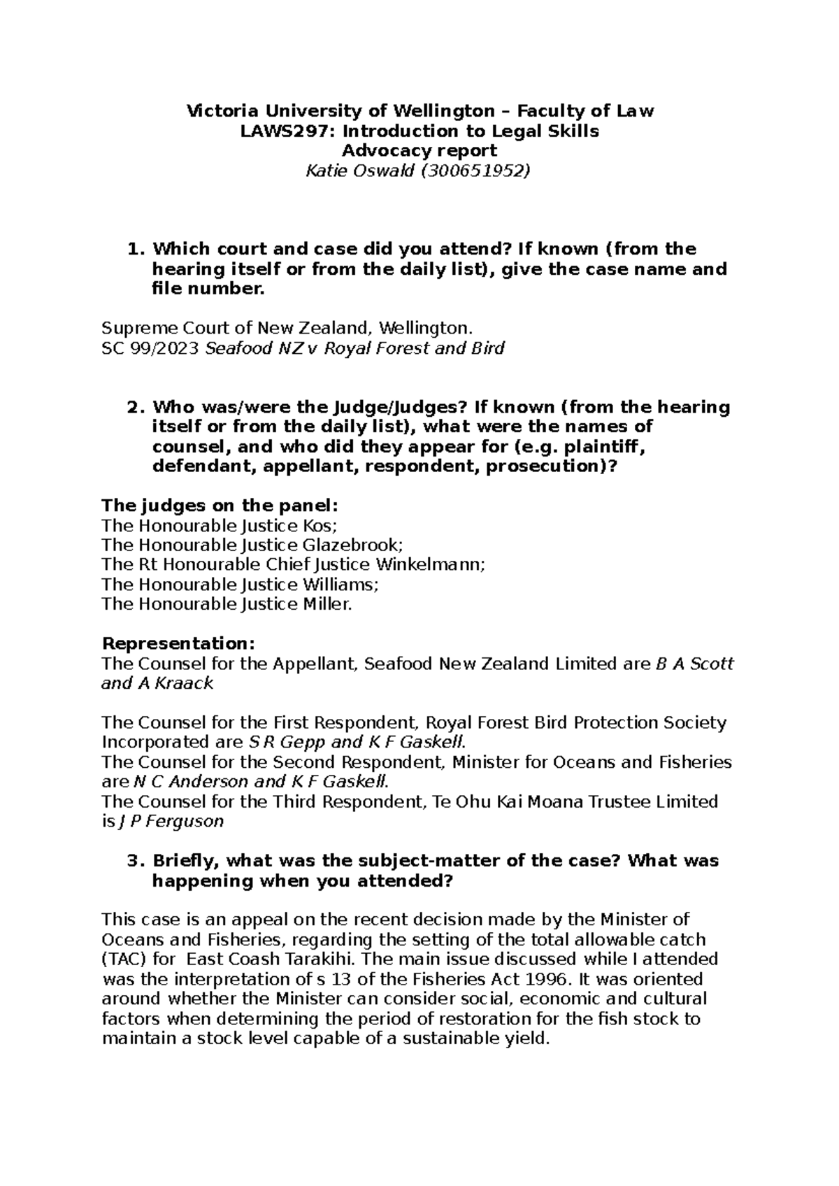 Advocacy Report - Victoria University of Wellington – Faculty of Law ...