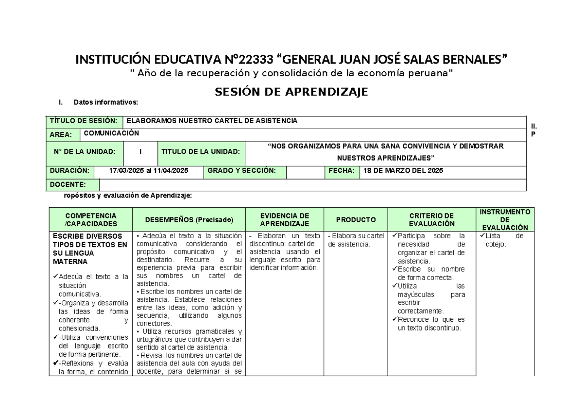 Comunicación: Sesión de Aprendizaje 1 - Cartel de Asistencia (18.03 ...