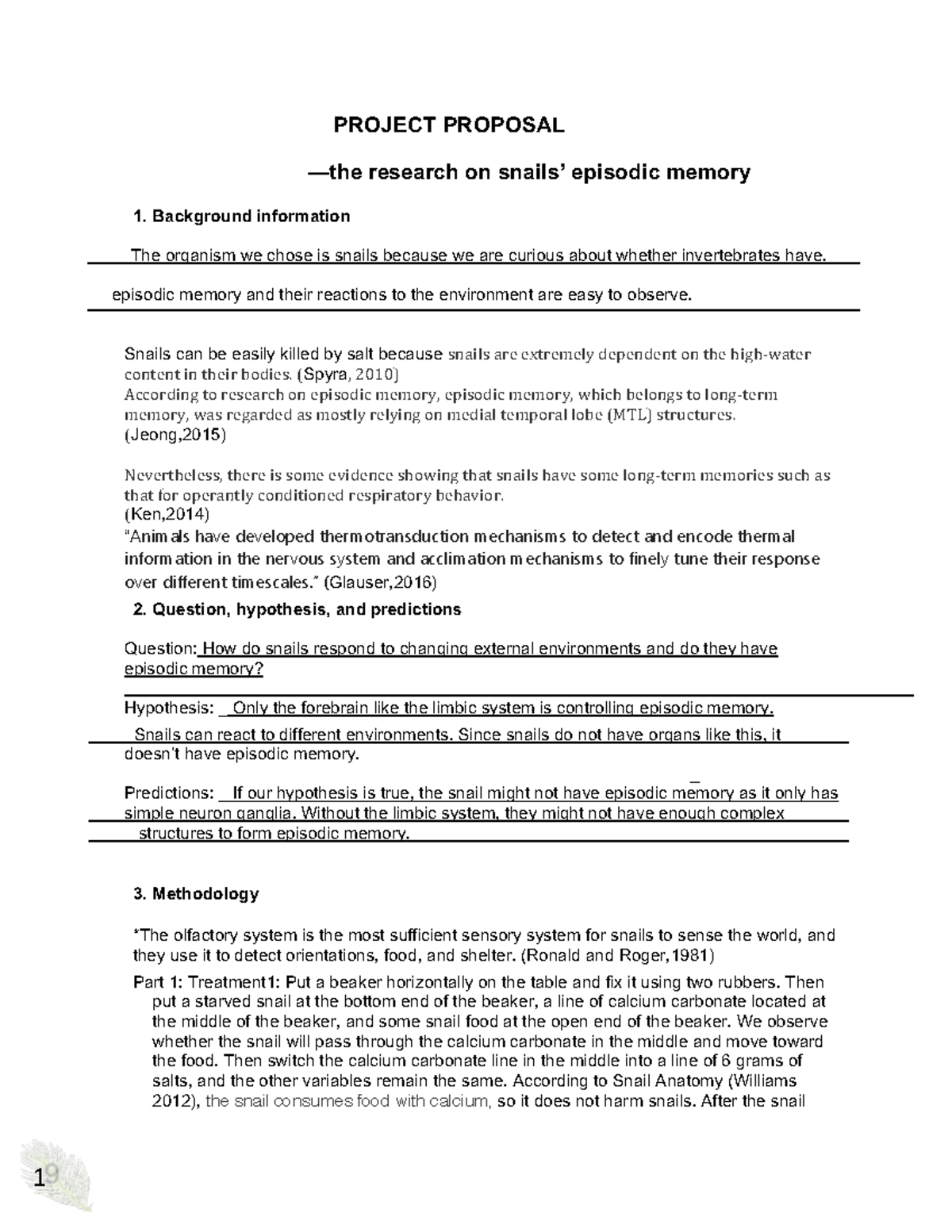 Study Proposal: Investigating Snails' Episodic Memory & Behavior - Studocu