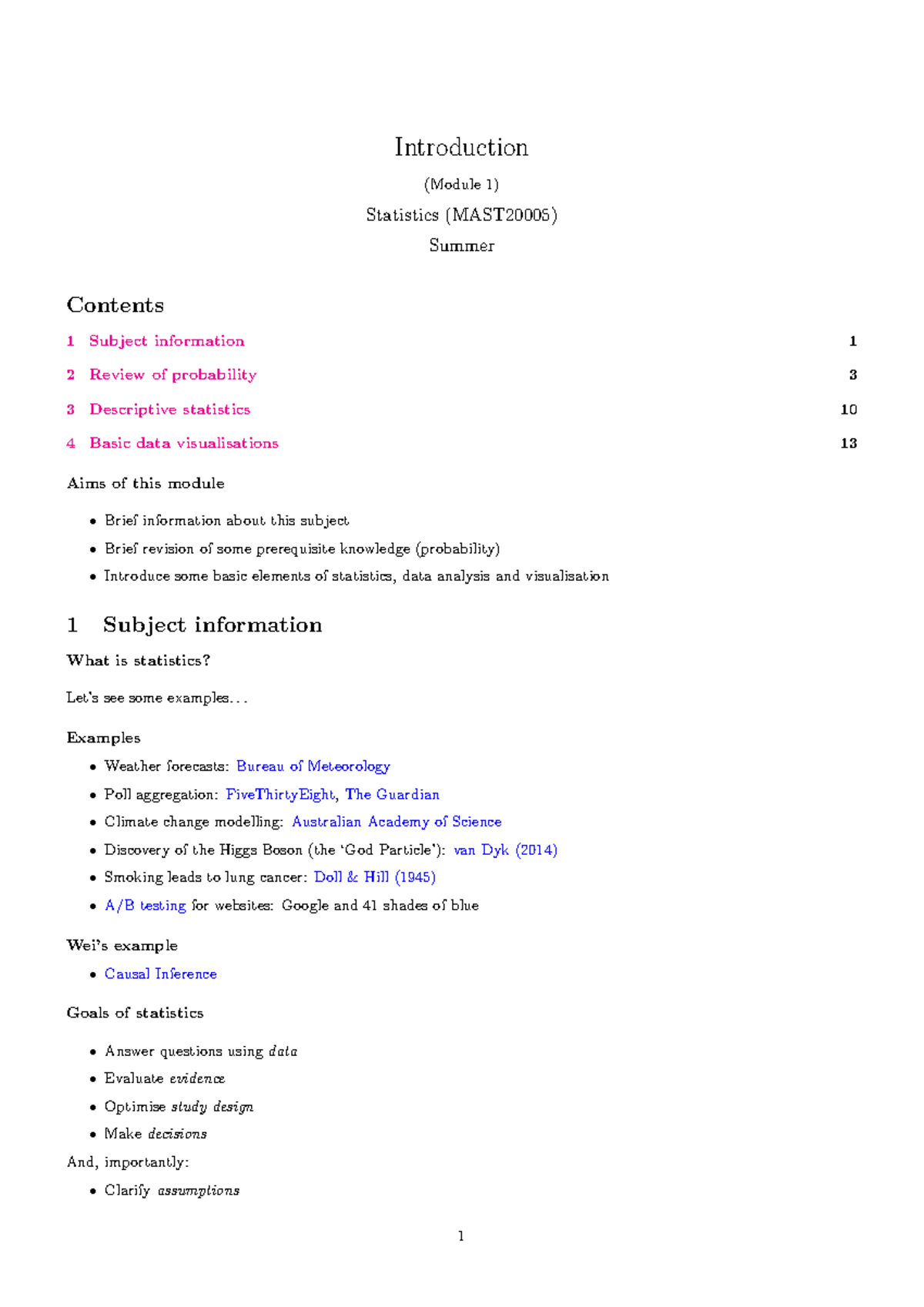 MAST20005 Lecture Notes: Introduction to Statistics (Modules 1-11 ...